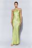 Avery Satin Maxi Halter Dress - Pistachio Green sold by Meshki