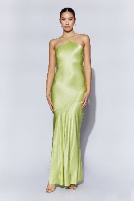 Avery Satin Maxi Halter Dress - Pistachio Green sold by Meshki
