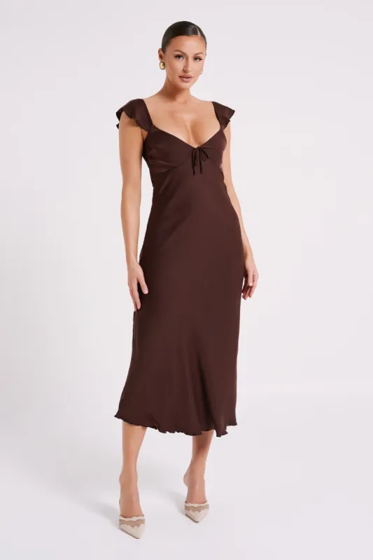 Chantal Short Sleeve Satin Midi Dress - Dark Chocolate sold by Meshki