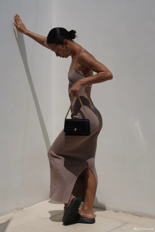 Avalon Backless Knit Midi Dress - Taupe sold by Meshki