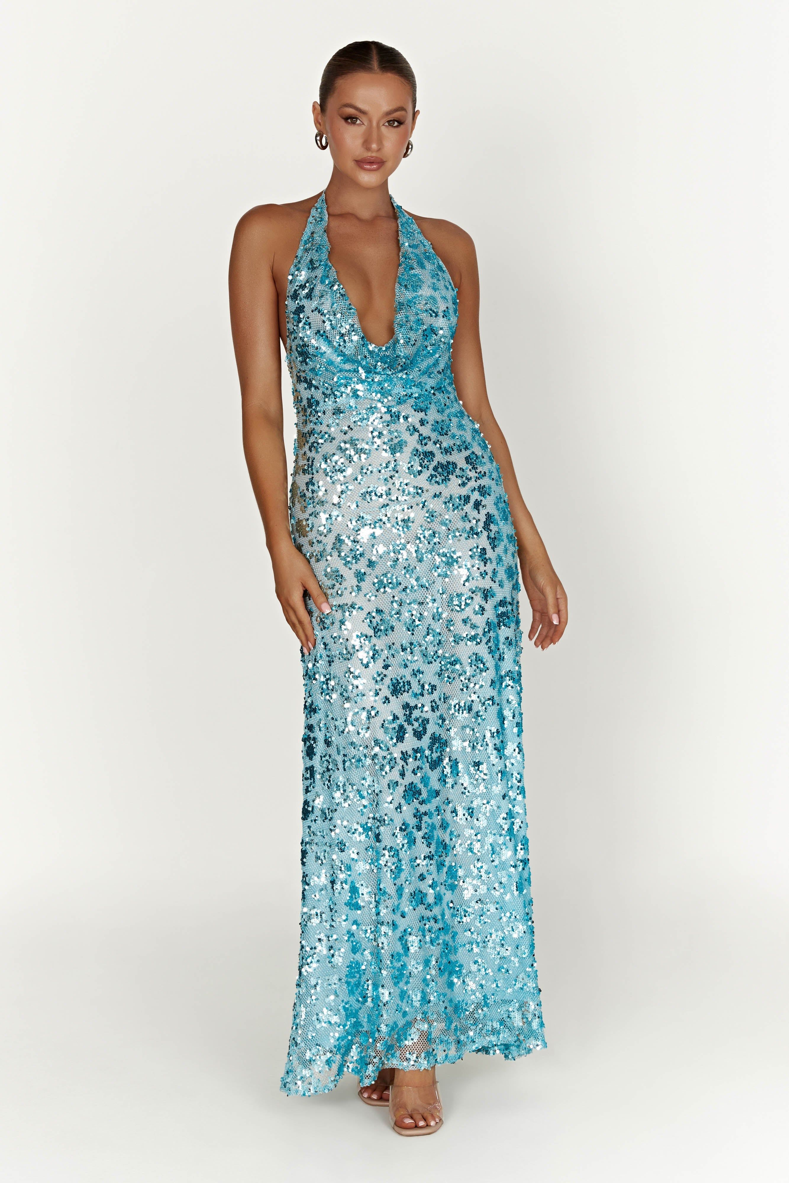 Nicola Plunge Neck Sequin Maxi Dress - Powder Blue sold by Meshki product image thumbnail 2