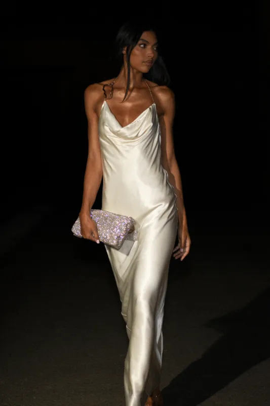 Melissa Satin Cowl Front Maxi Dress - Ivory sold by Meshki