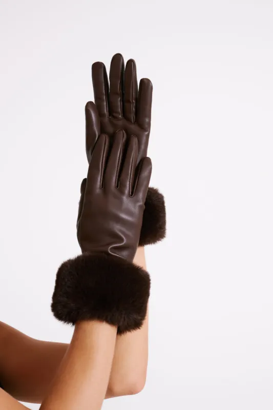 Jessabel Faux Leather Fur Trim Gloves - Dark Brown sold by Meshki