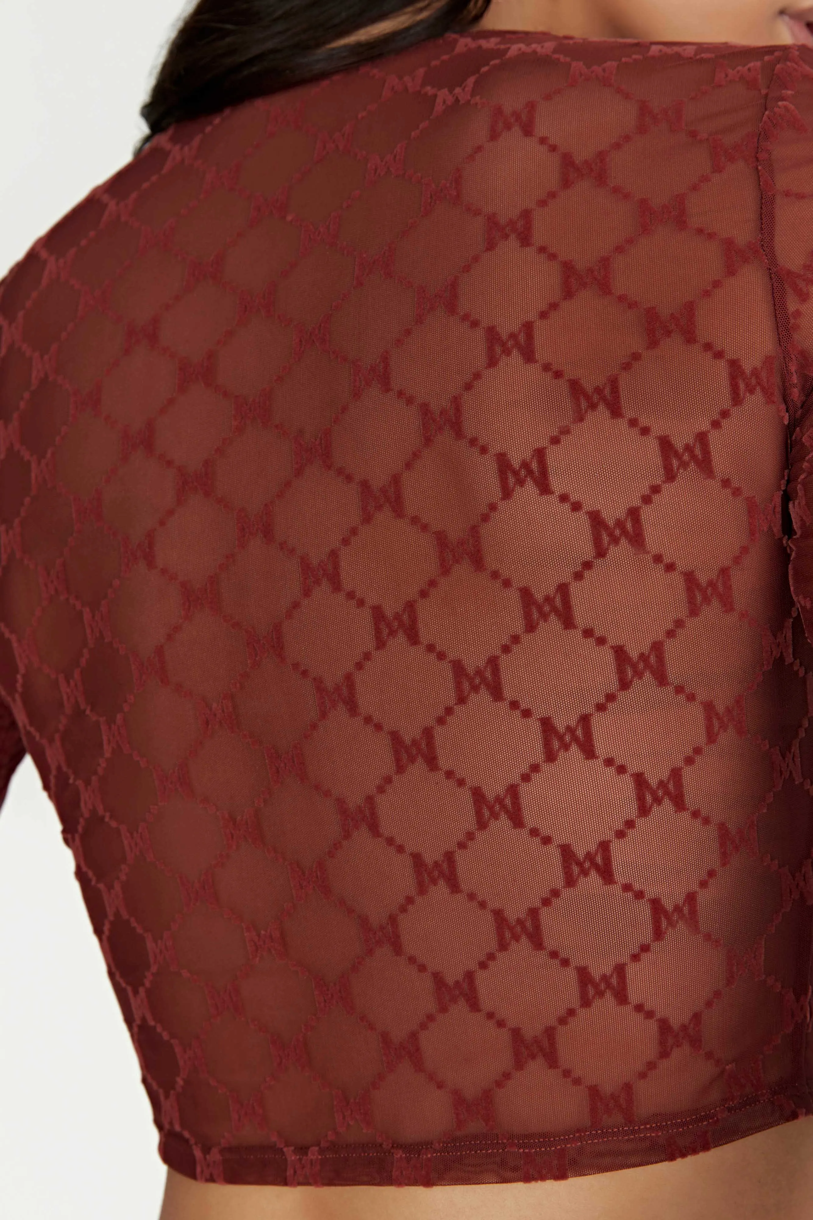 Letitia Mesh Monogram Crop Top - Cherry Chocolate sold by Meshki product image thumbnail 2