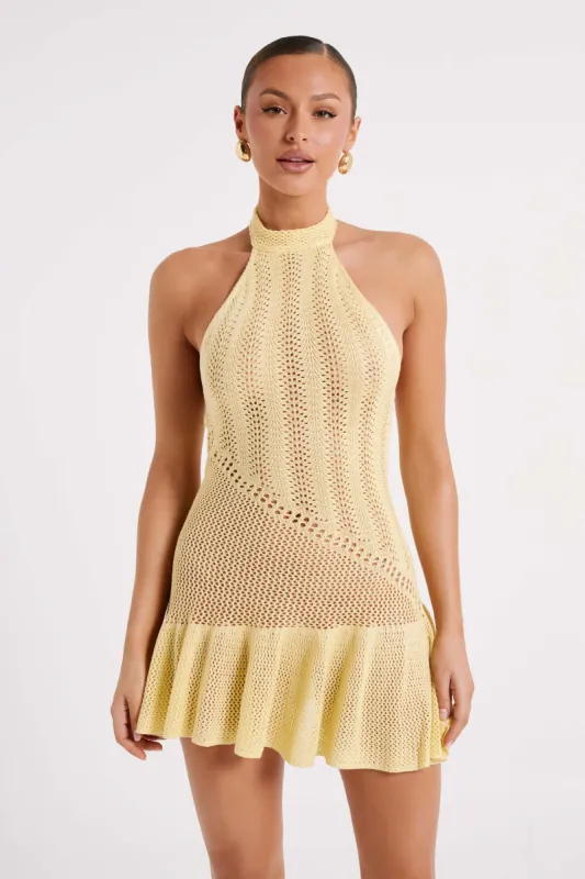 Tash Mixed Yarn Halter Mini Dress - Lemon sold by Meshki
