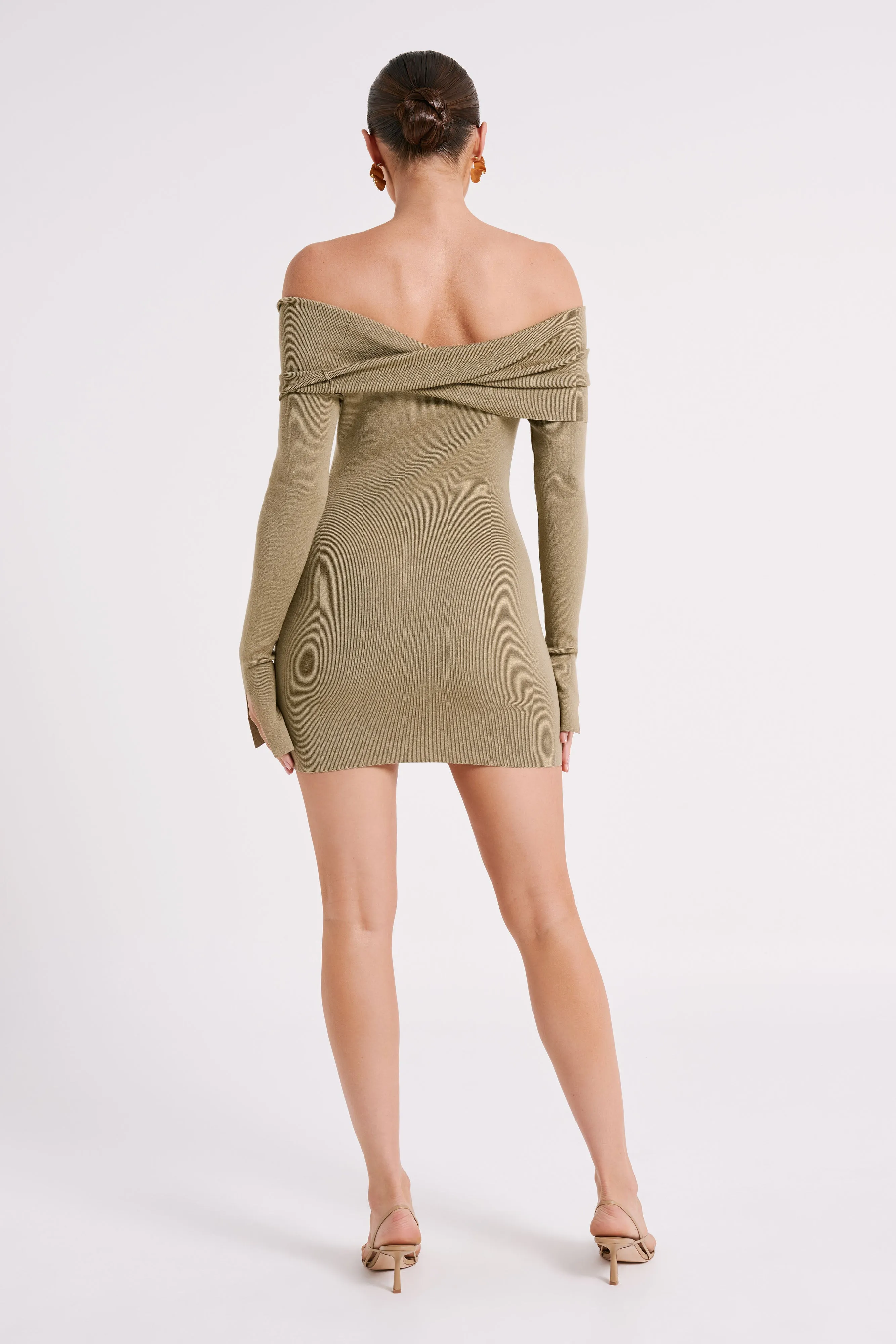 Clover Off Shoulder Knit Mini Dress - Olive sold by Meshki product image thumbnail 5