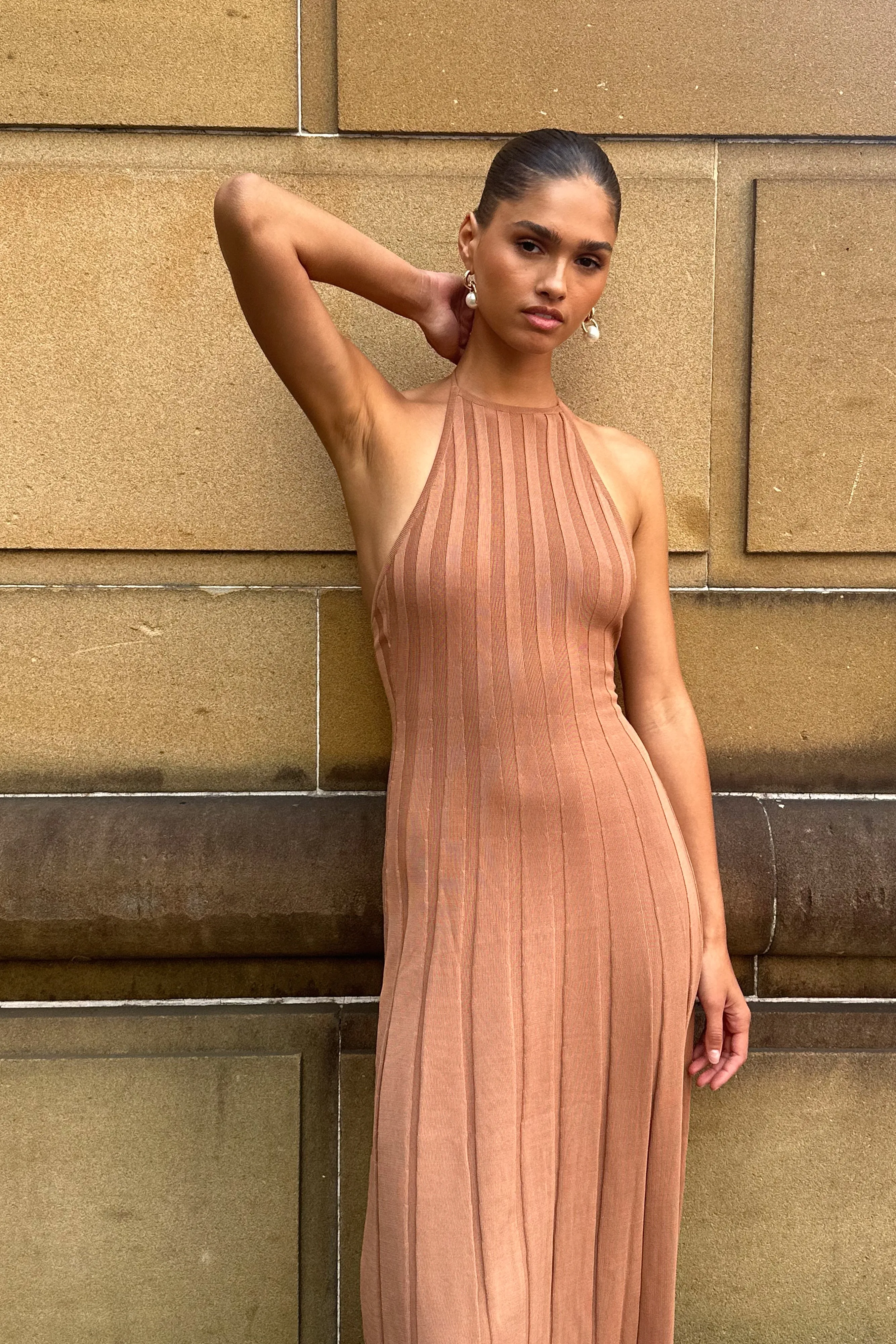 Adrienne Halter Neck Midi Dress - Tan sold by Meshki product image thumbnail 3