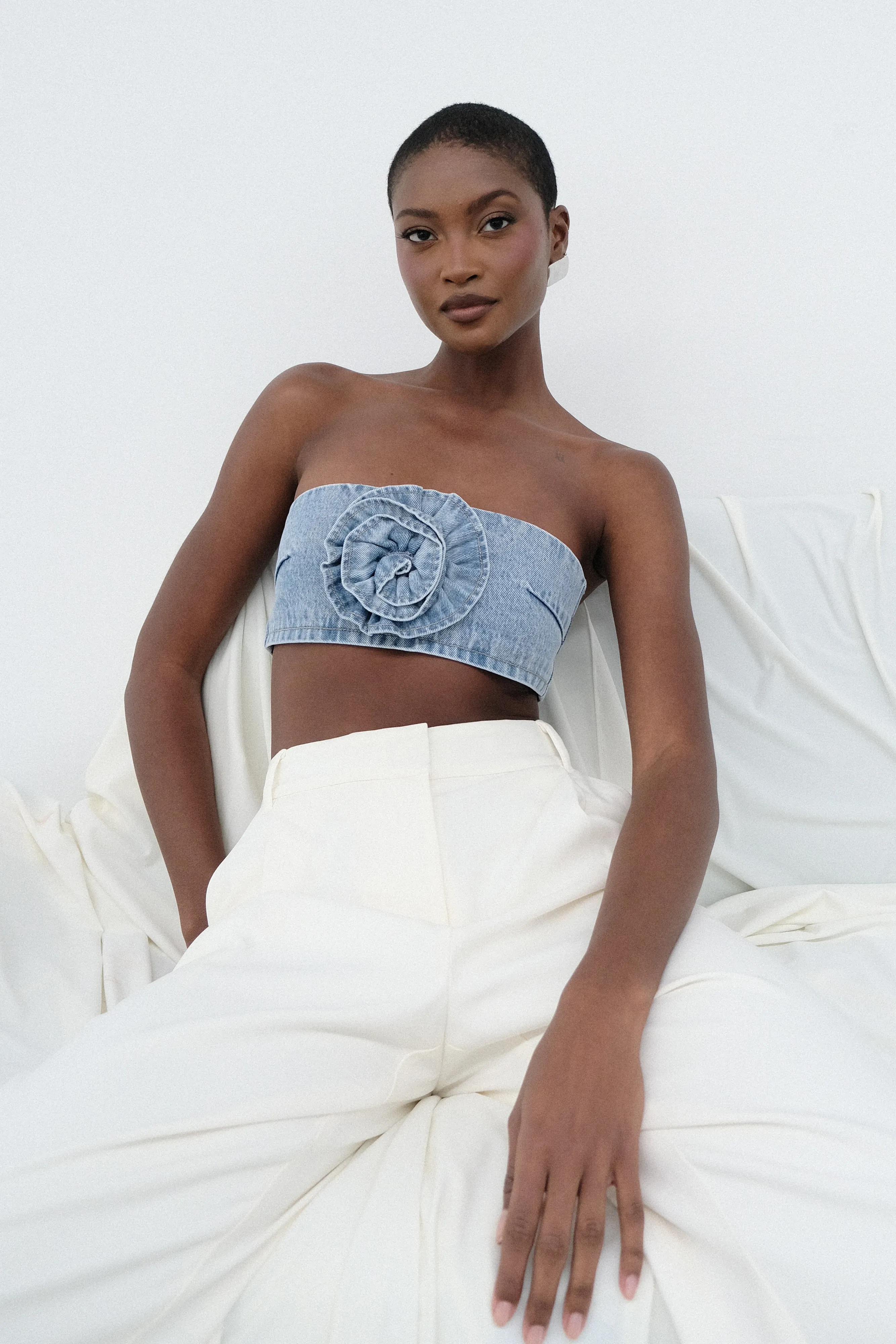 Samantha Rose Denim Bandeau - Mid Blue sold by Meshki