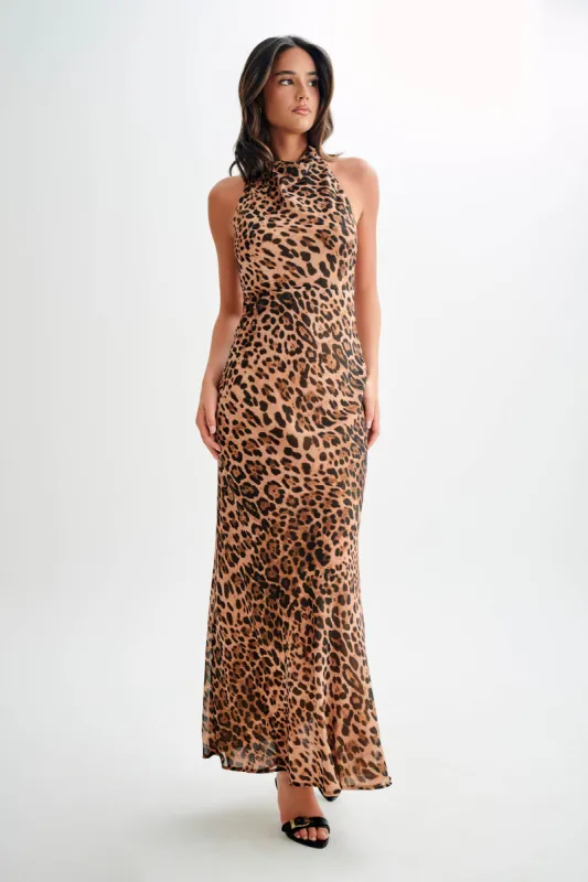 Estella Chiffon Cowl Maxi Dress - Leopard Print sold by Meshki