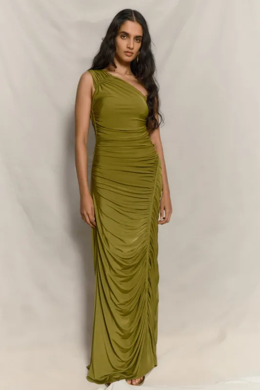 Capri Gathered Slinky Maxi Dress - Vintage Olive sold by Meshki