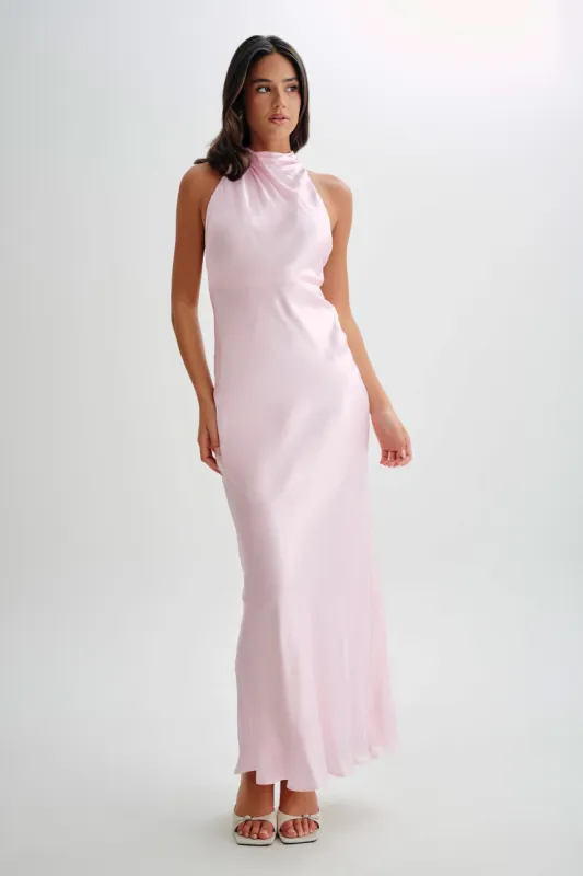 Esther Iridescent Satin Cowl Maxi Dress - Pale Pink sold by Meshki