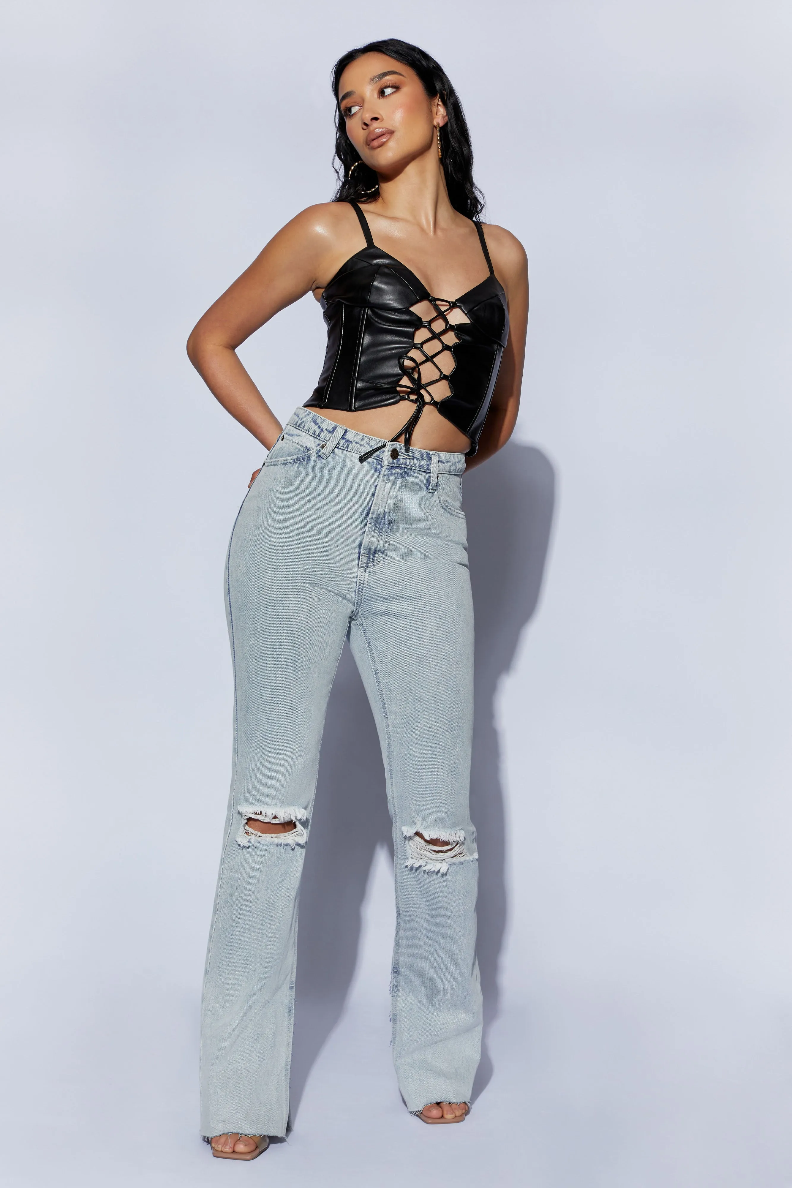 Alaia Lace Up Corset Pu Top - Black sold by Meshki product image thumbnail 4