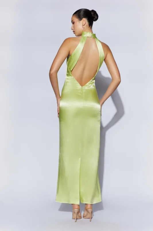 Claire Satin Drape Back Maxi Dress - Pistachio Green made by Meshki