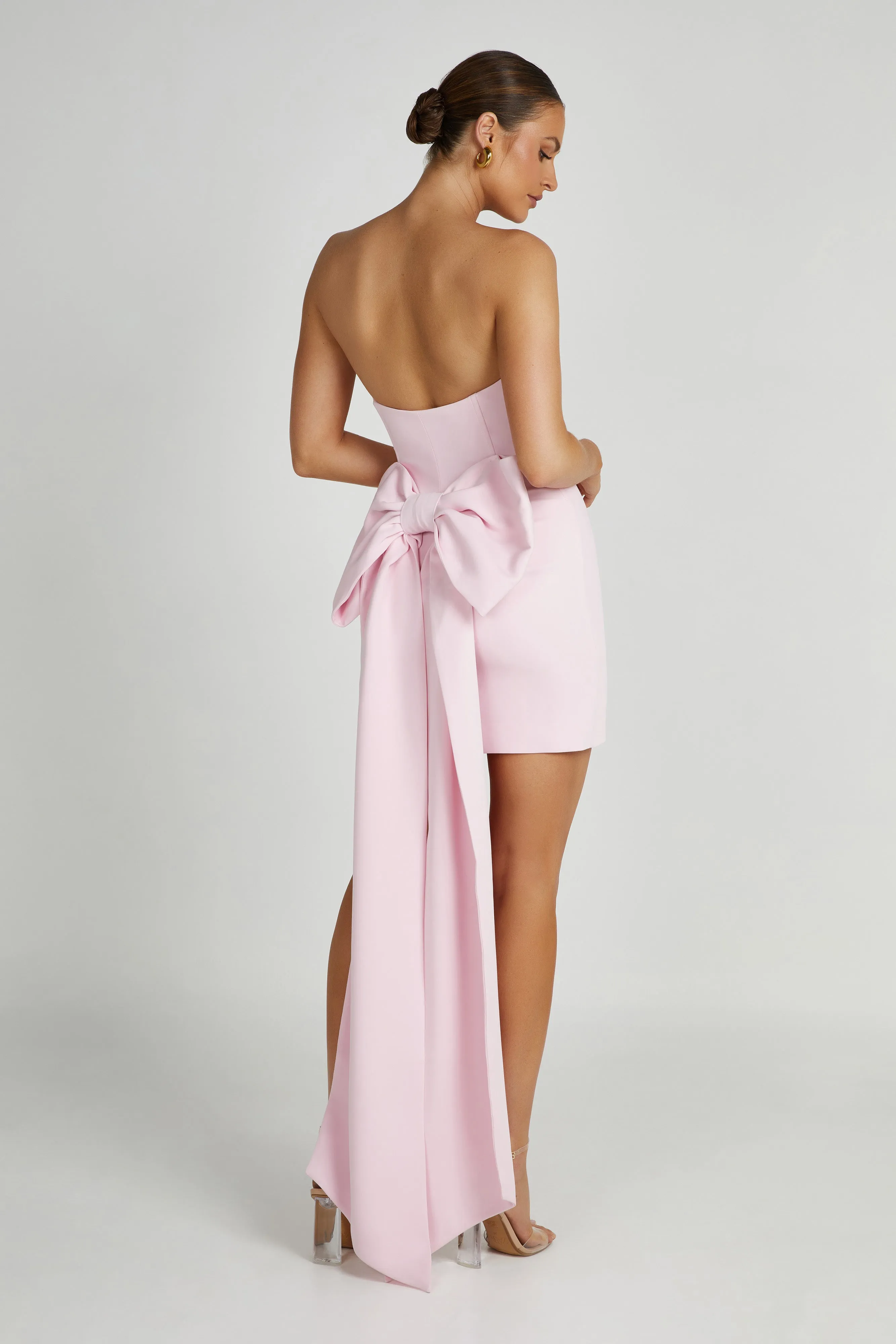 Meredith Strapless Bow Mini Dress - Blush Pink sold by Meshki
