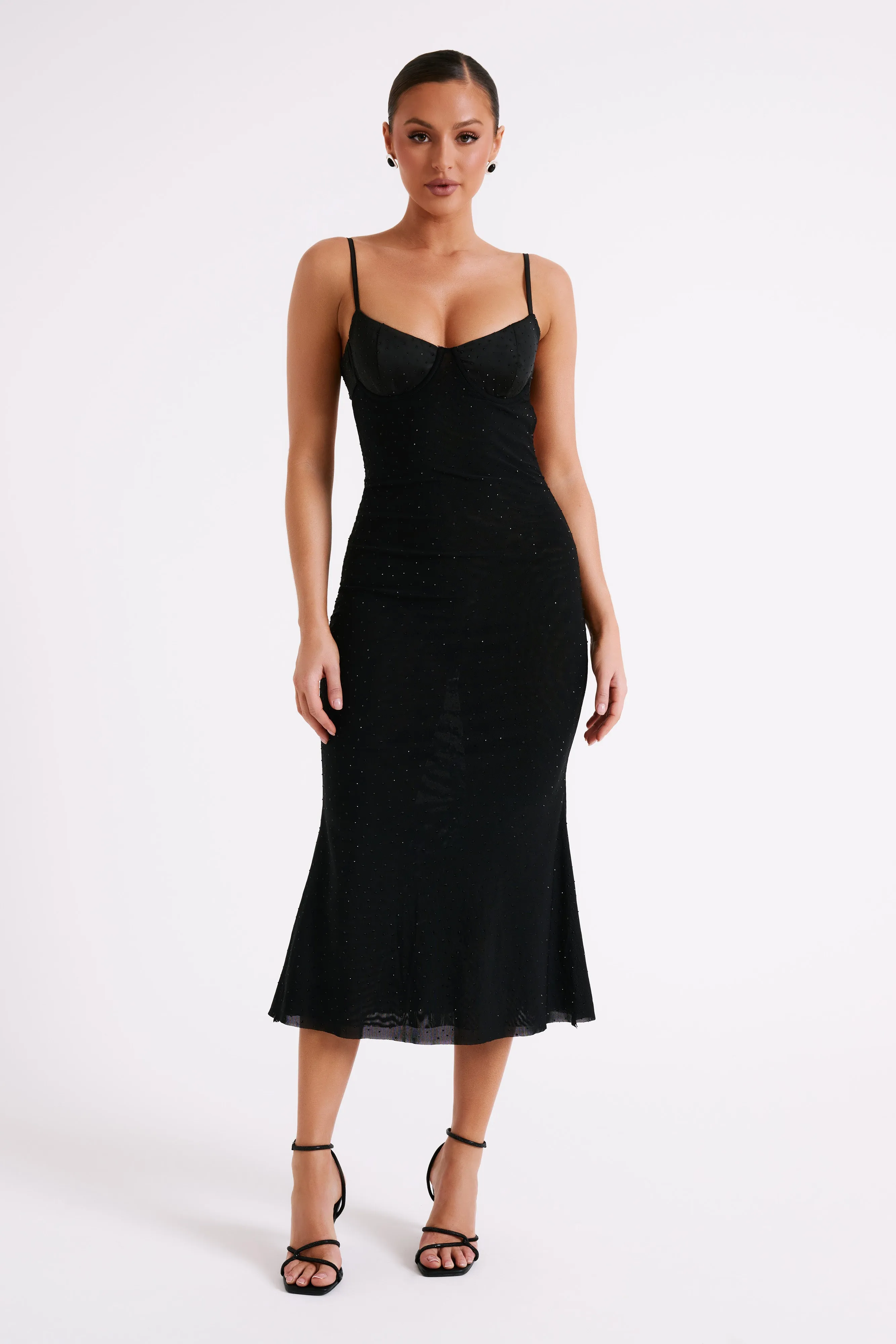 Novah Hot Fix Mesh Midi Dress - Black sold by Meshki