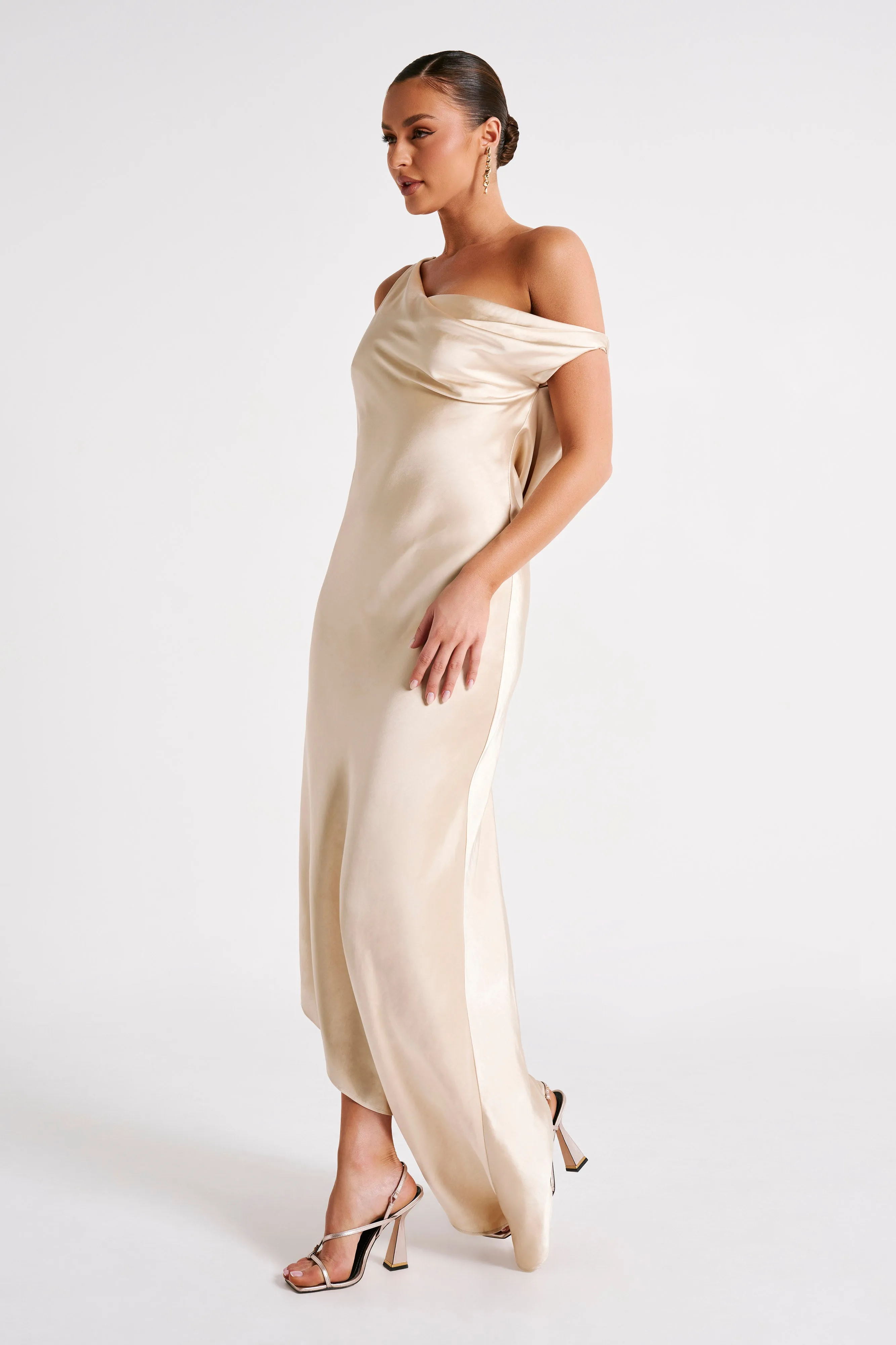 Yvette Slip Maxi Dress With Asymmetrical Hem - Gold sold by Meshki product image thumbnail 4