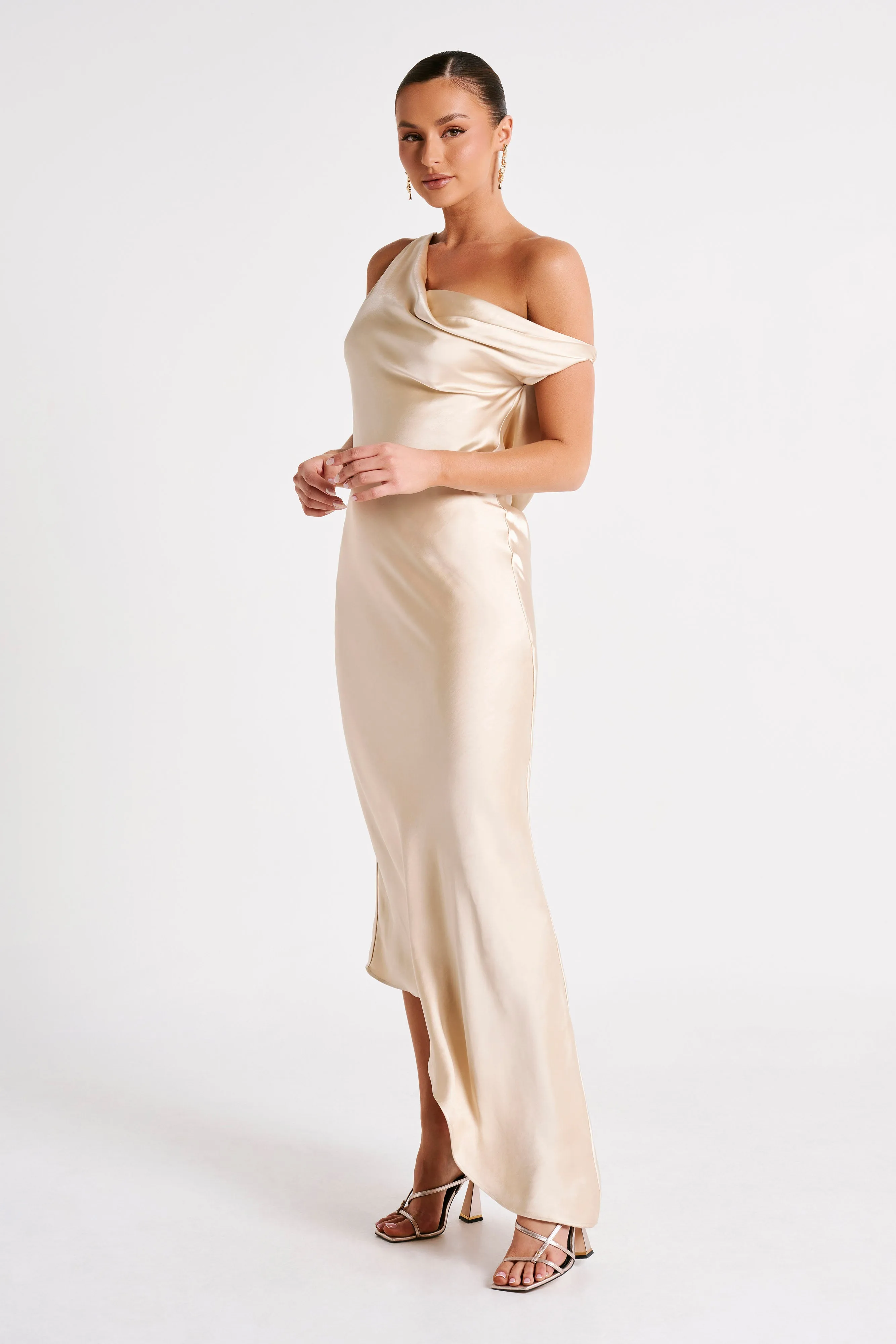 Yvette Slip Maxi Dress With Asymmetrical Hem - Gold sold by Meshki product image thumbnail 2