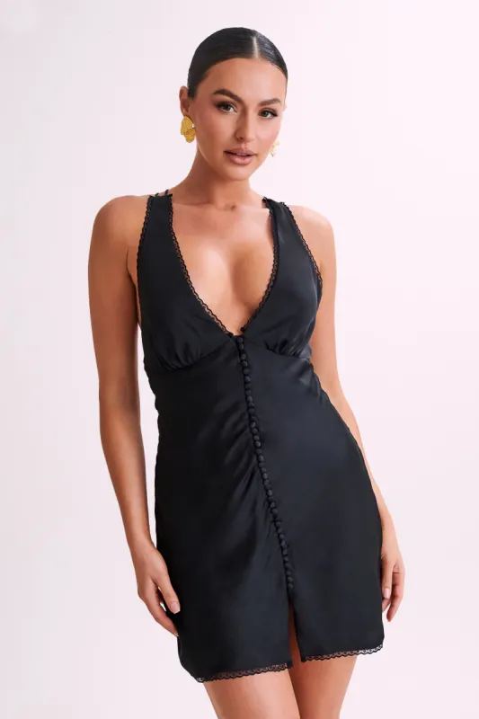 Amiri Satin Mini Dress With Lace - Black sold by Meshki