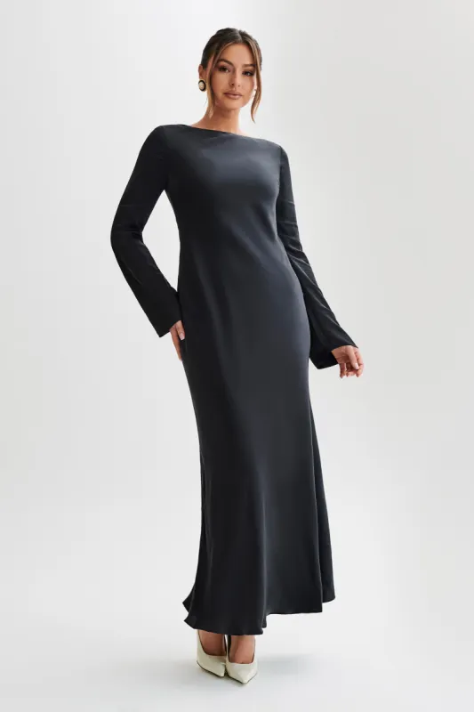 Rayleigh Long Sleeve Satin Maxi Dress - Black sold by Meshki