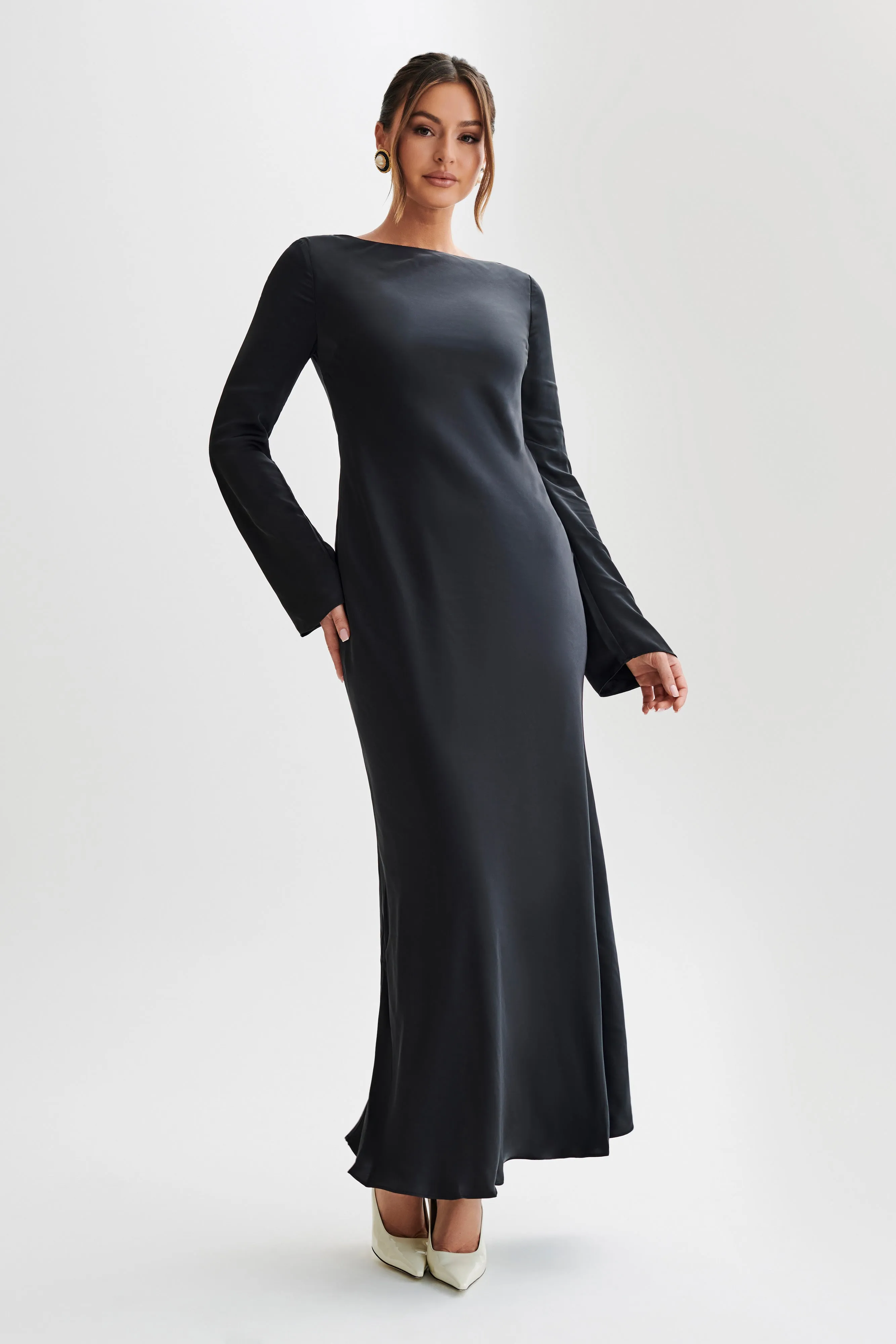 fitted lace wedding dress Patricia Black Extreme Plunge Long Sleeve Maxi Dress With Tie Detail – Club  L London main image 1