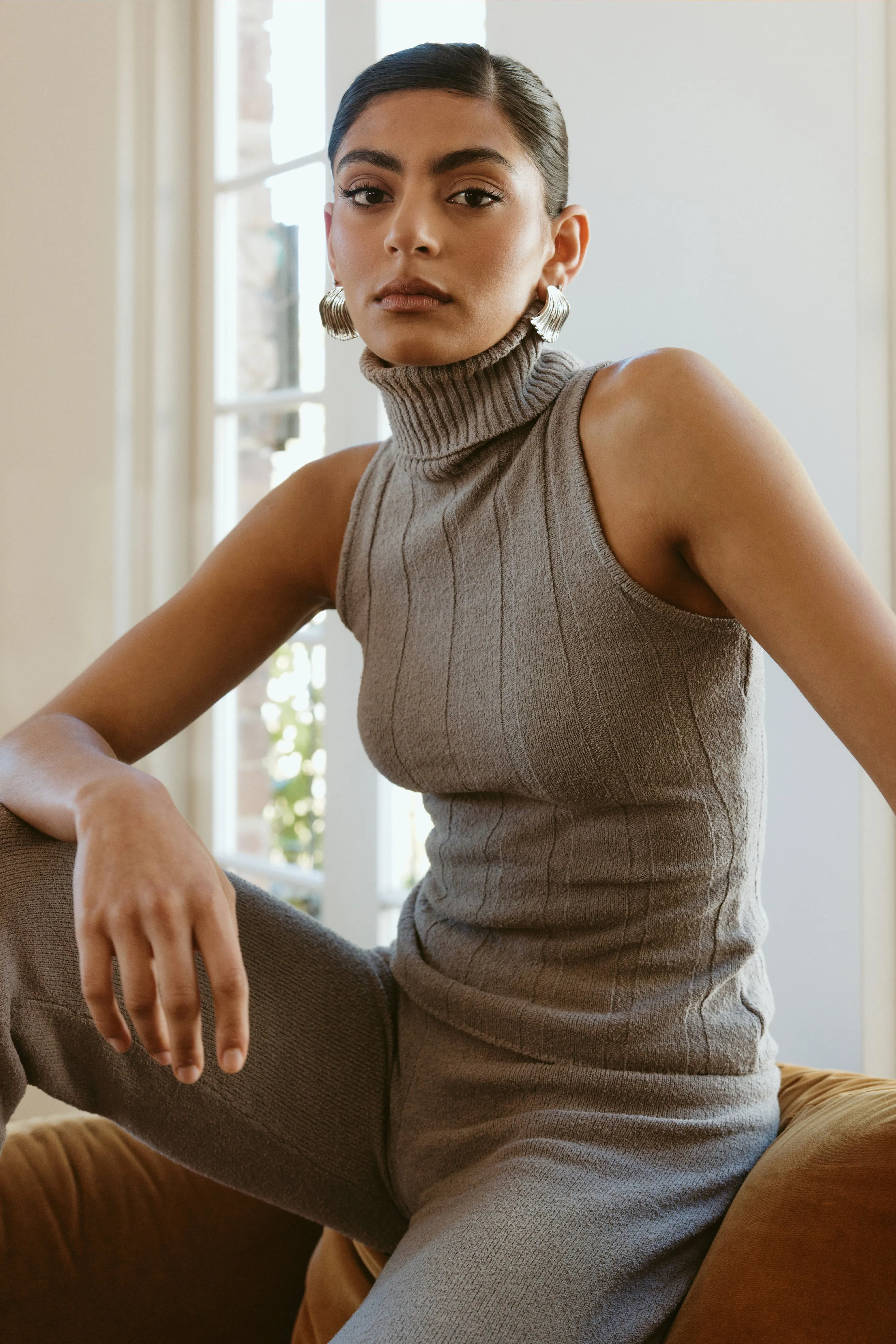 Angelina Ribbed Turtleneck - Grey Marle sold by Meshki