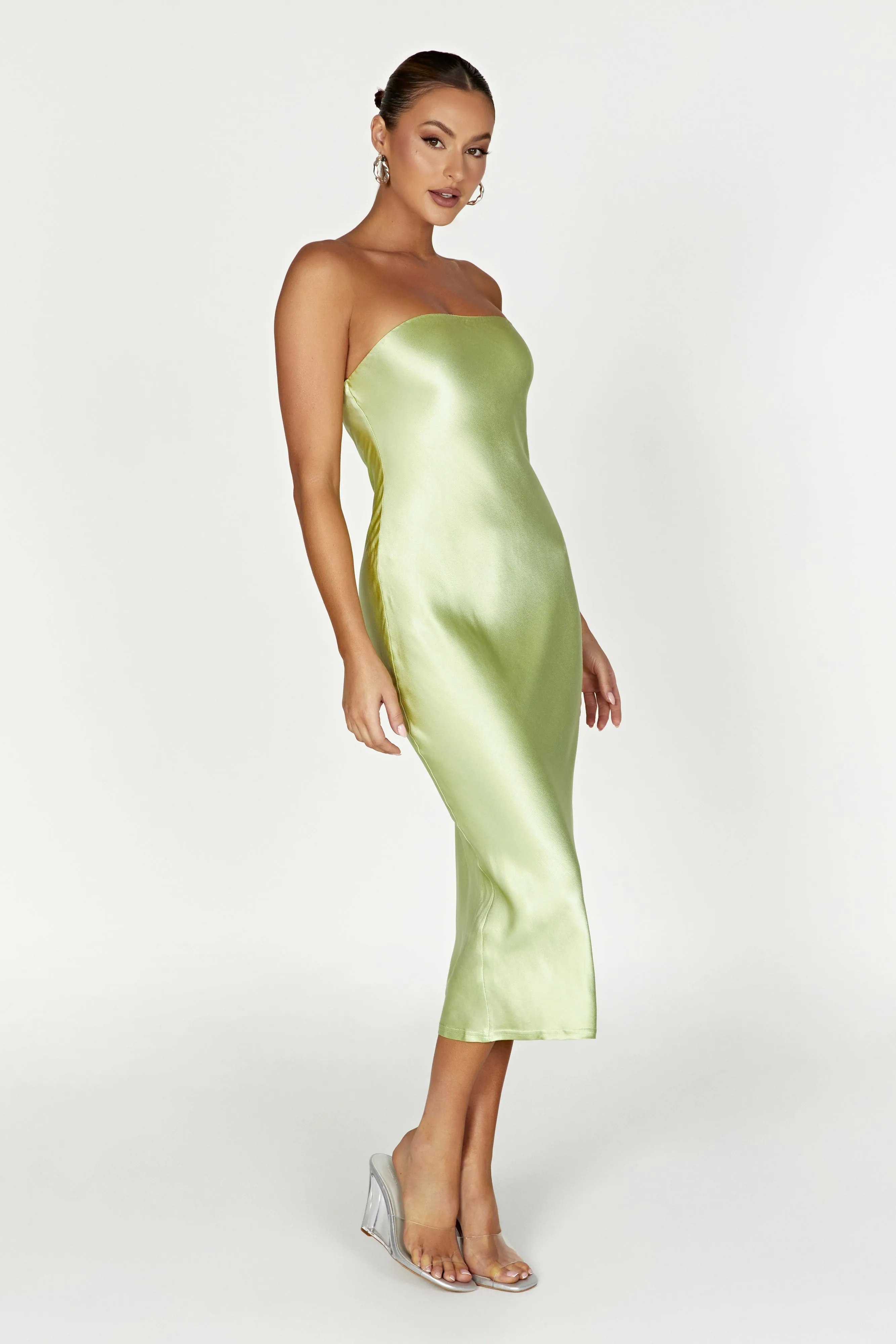 Tyler Strapless Satin Midi Dress - Pistachio Green sold by Meshki product image thumbnail 3
