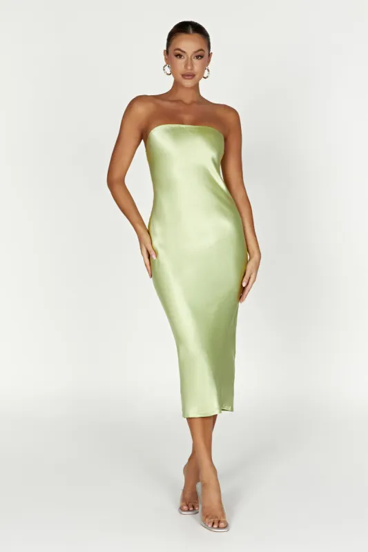 Tyler Strapless Satin Midi Dress - Pistachio Green sold by Meshki