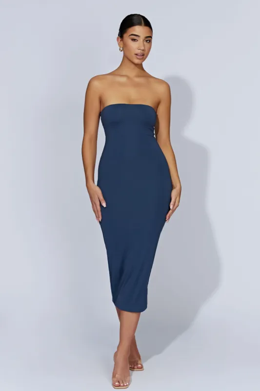Cassidy Strapless Midi Dress - Midnight Navy sold by Meshki