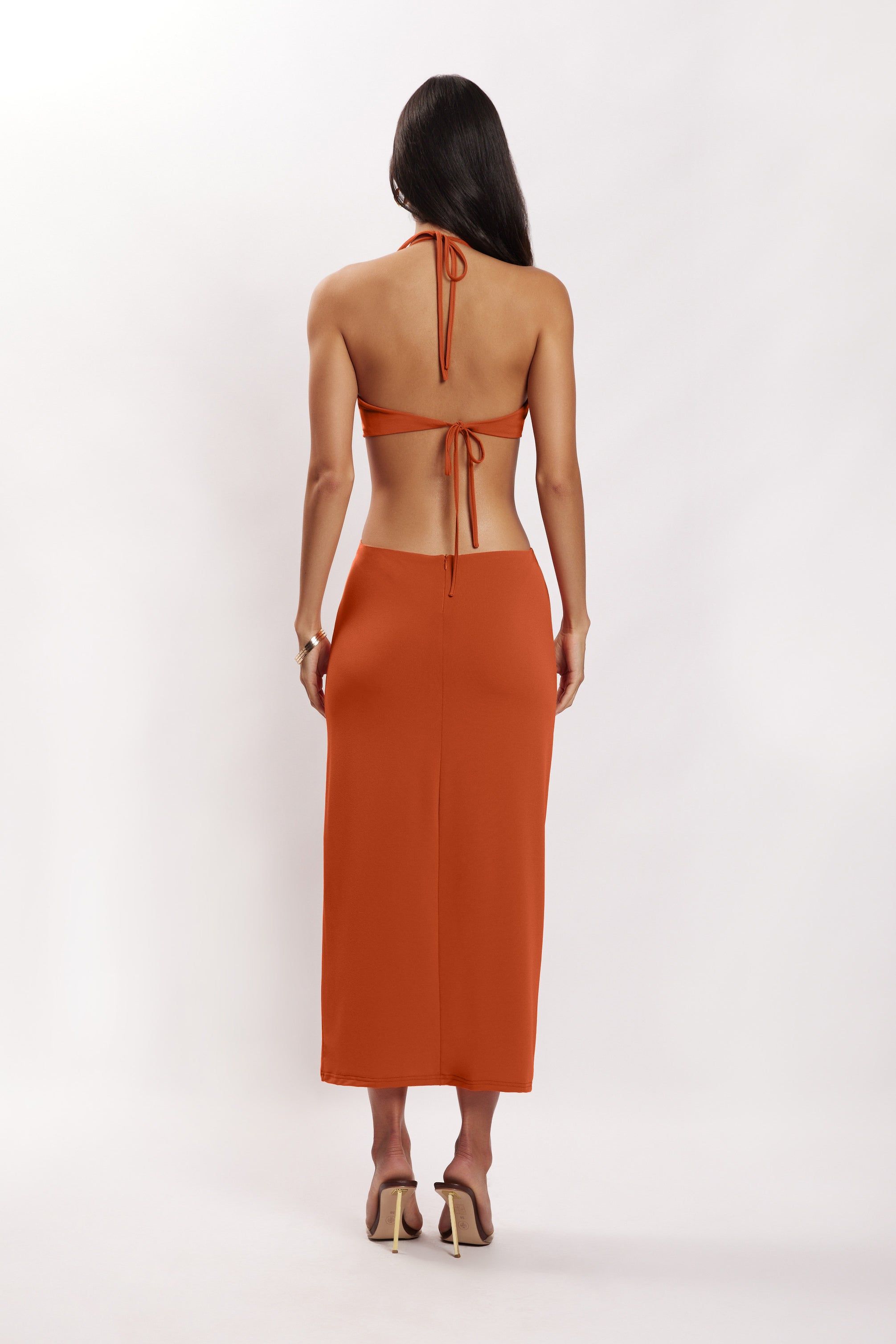 Natalie Halter Neck Cut Out Midi Dress - Burnt Orange sold by Meshki product image thumbnail 4