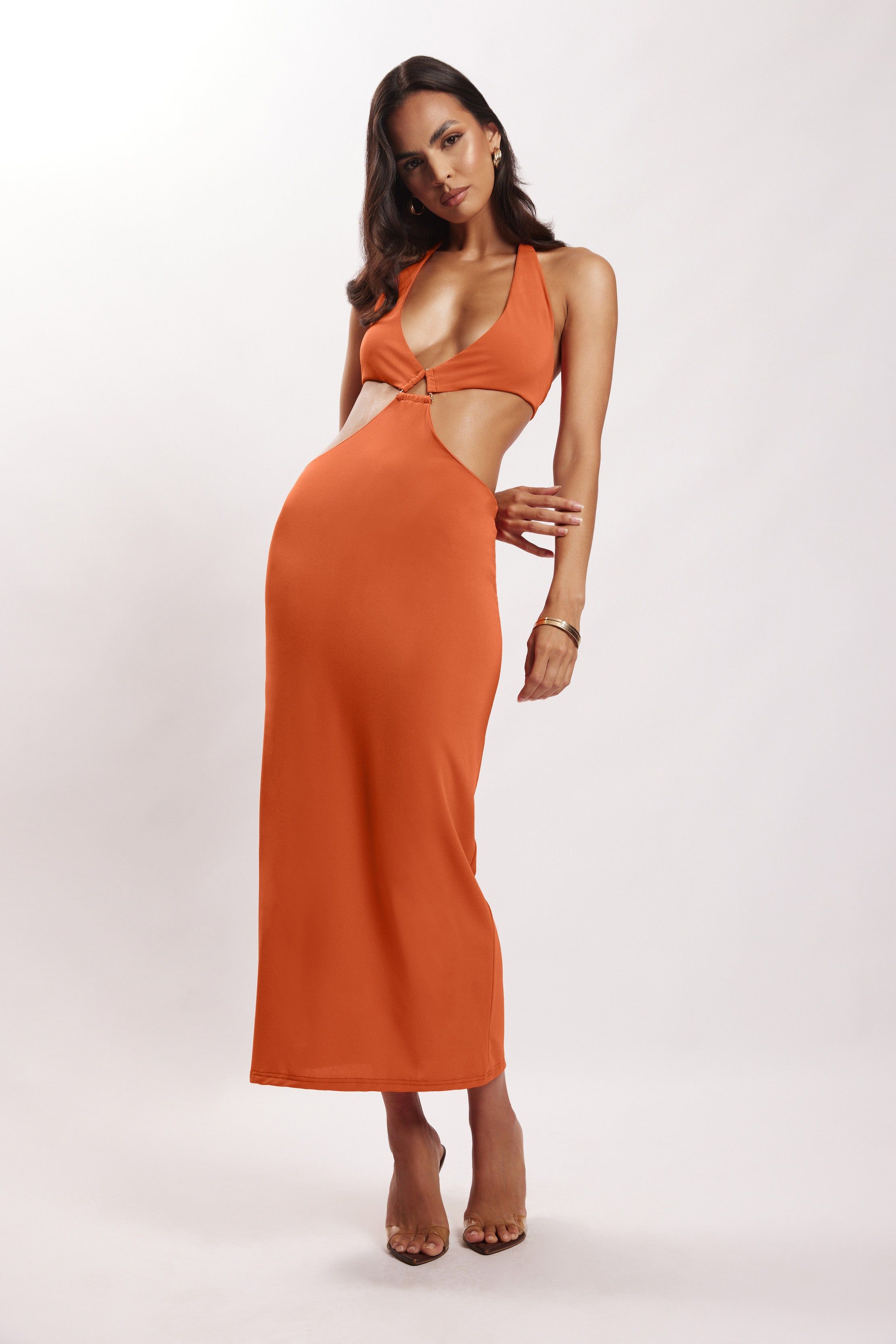 Natalie Halter Neck Cut Out Midi Dress - Burnt Orange sold by Meshki product image thumbnail 2