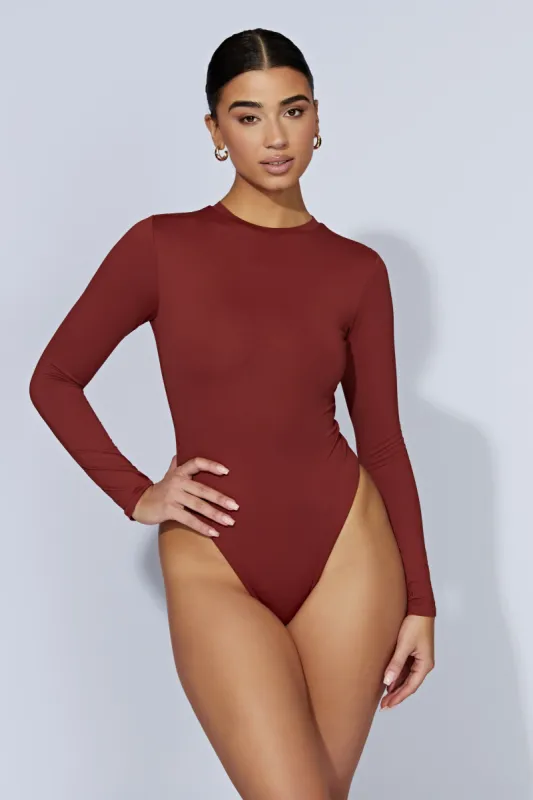 Delilah Long Sleeve Crew Neck Bodysuit - Cherry Chocolate sold by Meshki