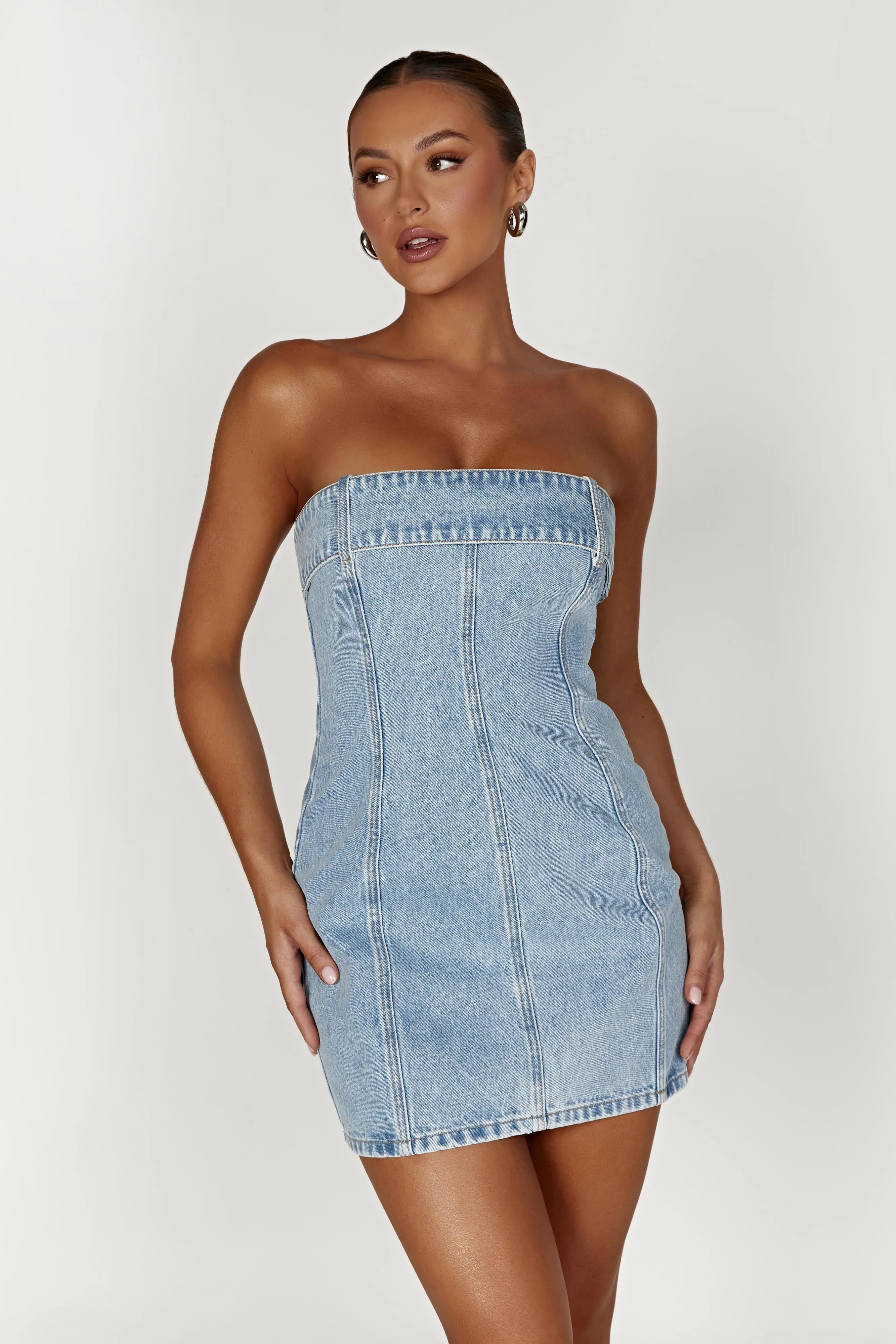 Teddi Denim Mini Dress - Mid Blue sold by Meshki