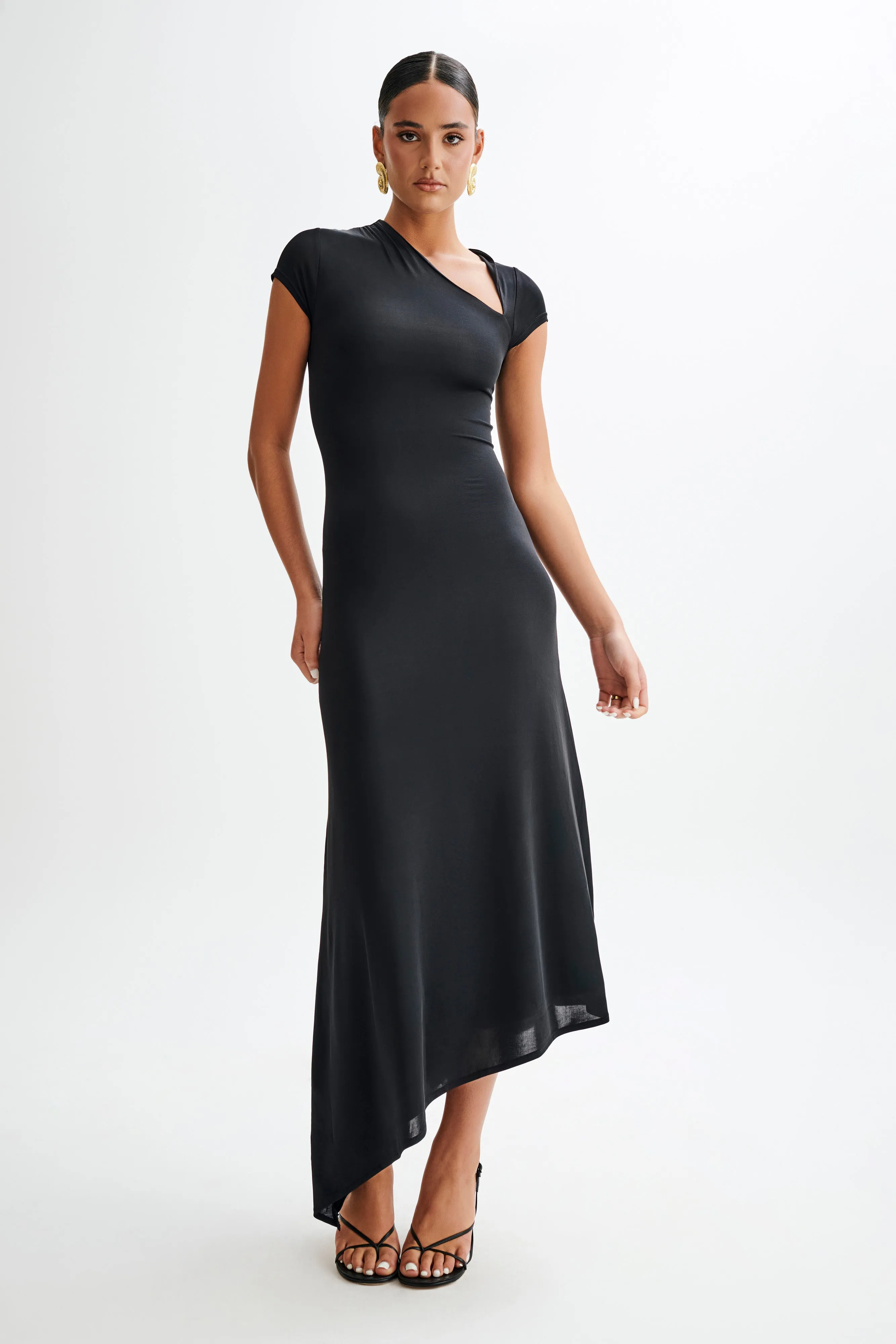 Ilaria Slinky Maxi Dress With Cut Out - Black sold by Meshki