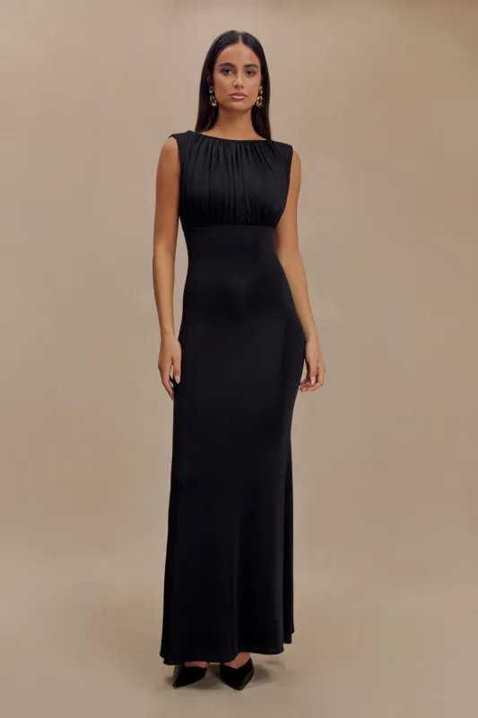Malia Slinky Ruched Maxi Dress - Black sold by Meshki