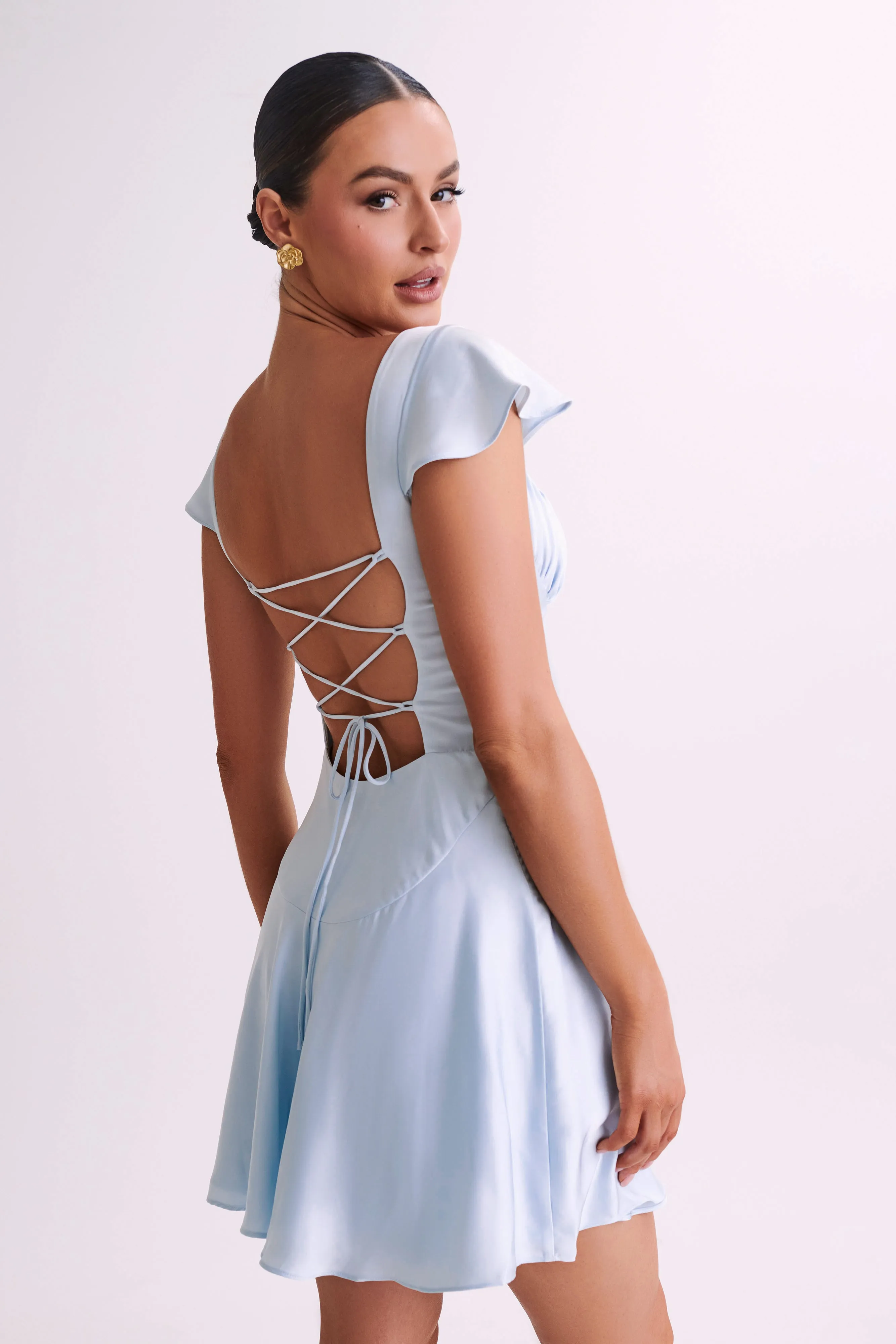 Carson Ruched Satin Mini Dress - Powder Blue sold by Meshki product image thumbnail 2