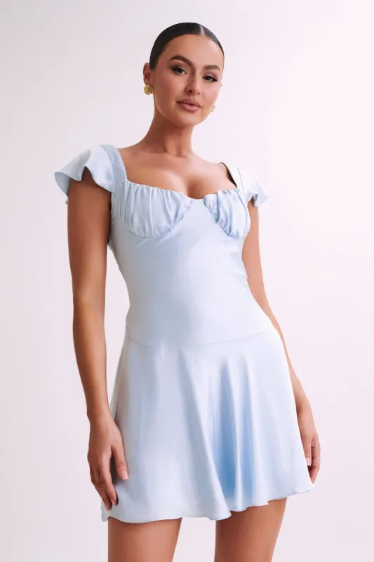 Carson Ruched Satin Mini Dress - Powder Blue sold by Meshki