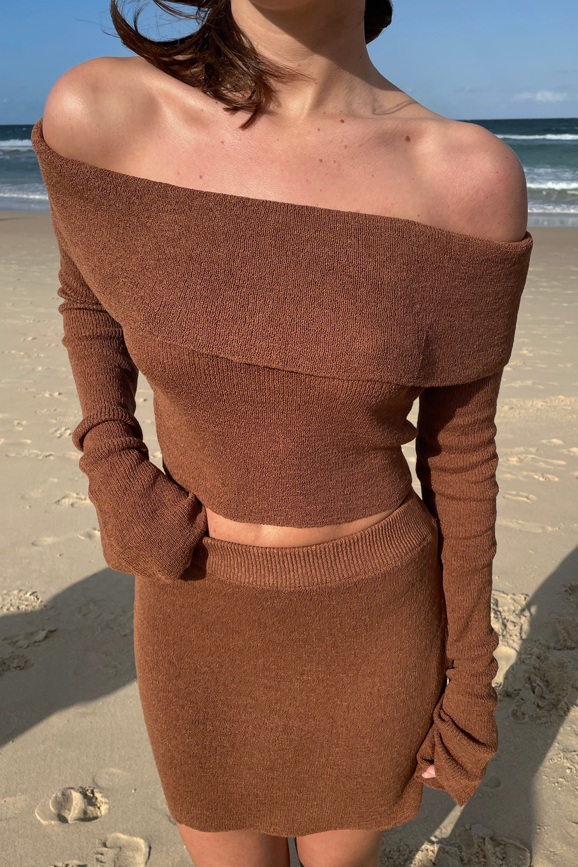 Esme Off-Shoulder Long Sleeve Knit Top - Clay sold by Meshki