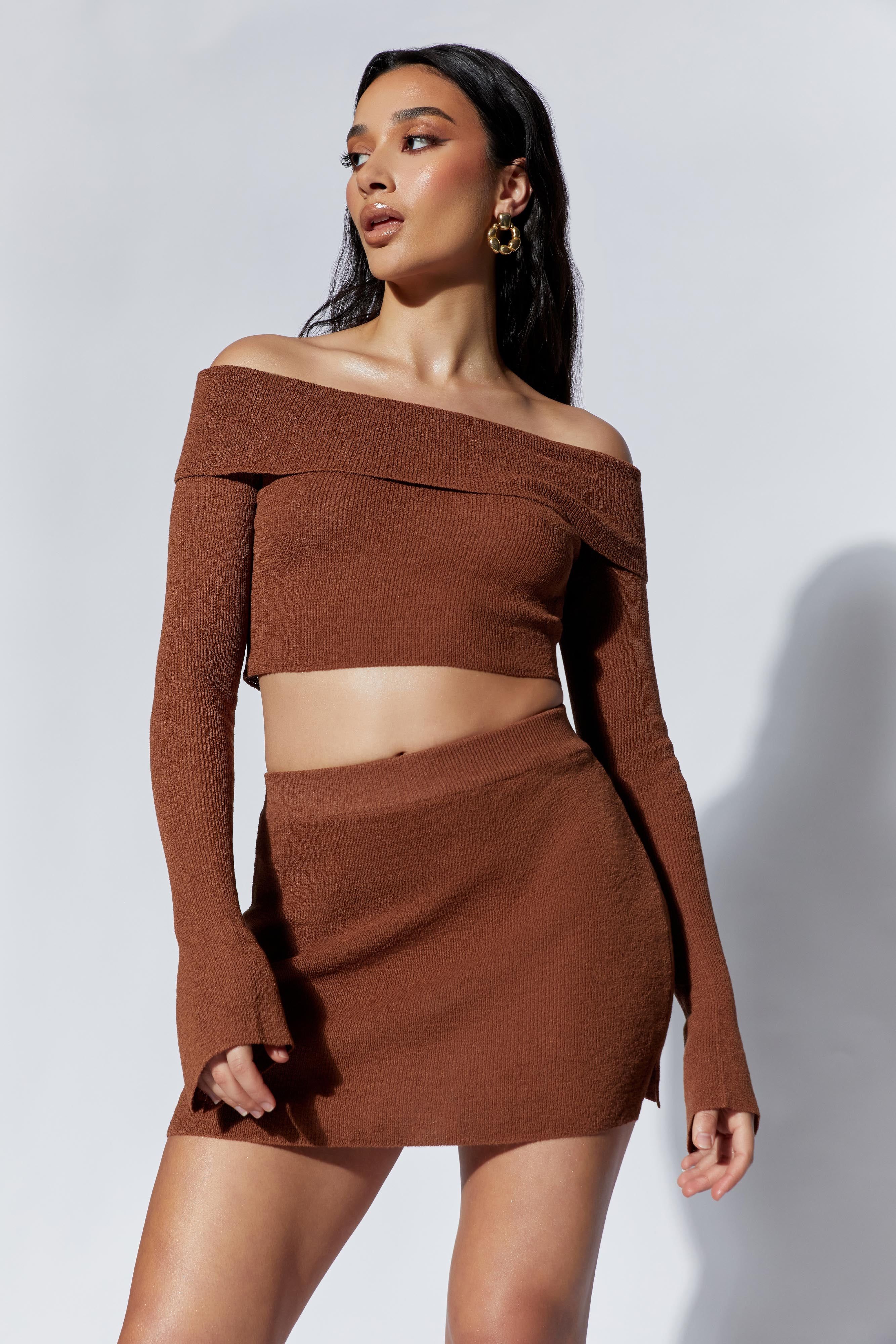 Esme Off-Shoulder Long Sleeve Knit Top - Clay sold by Meshki product image thumbnail 2