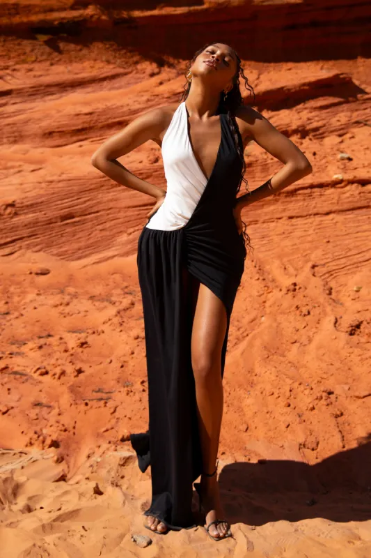 Zaniyah Contrast Nylon Maxi Dress - Black/White made by Meshki