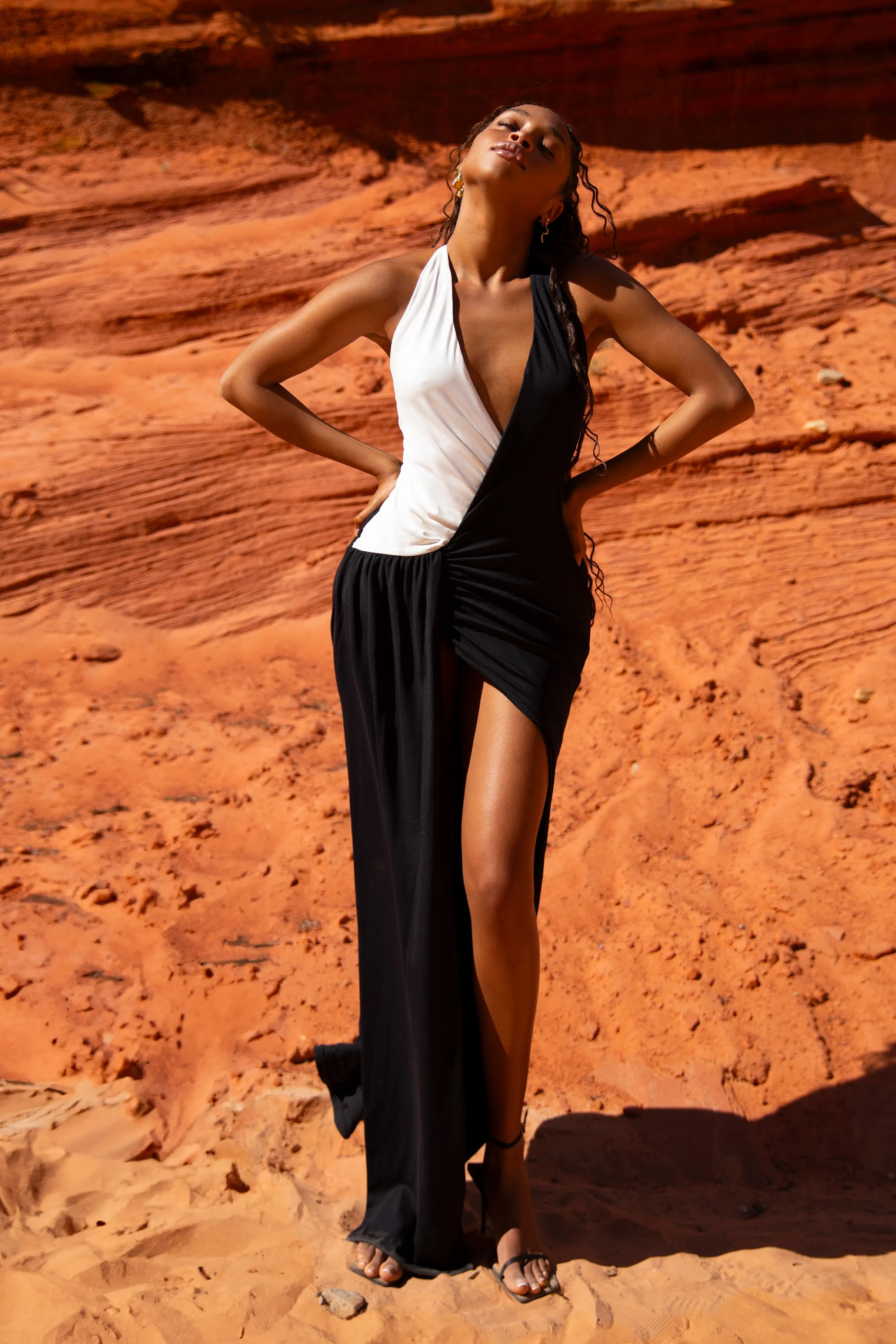 Zaniyah Contrast Nylon Maxi Dress - Black/White sold by Meshki