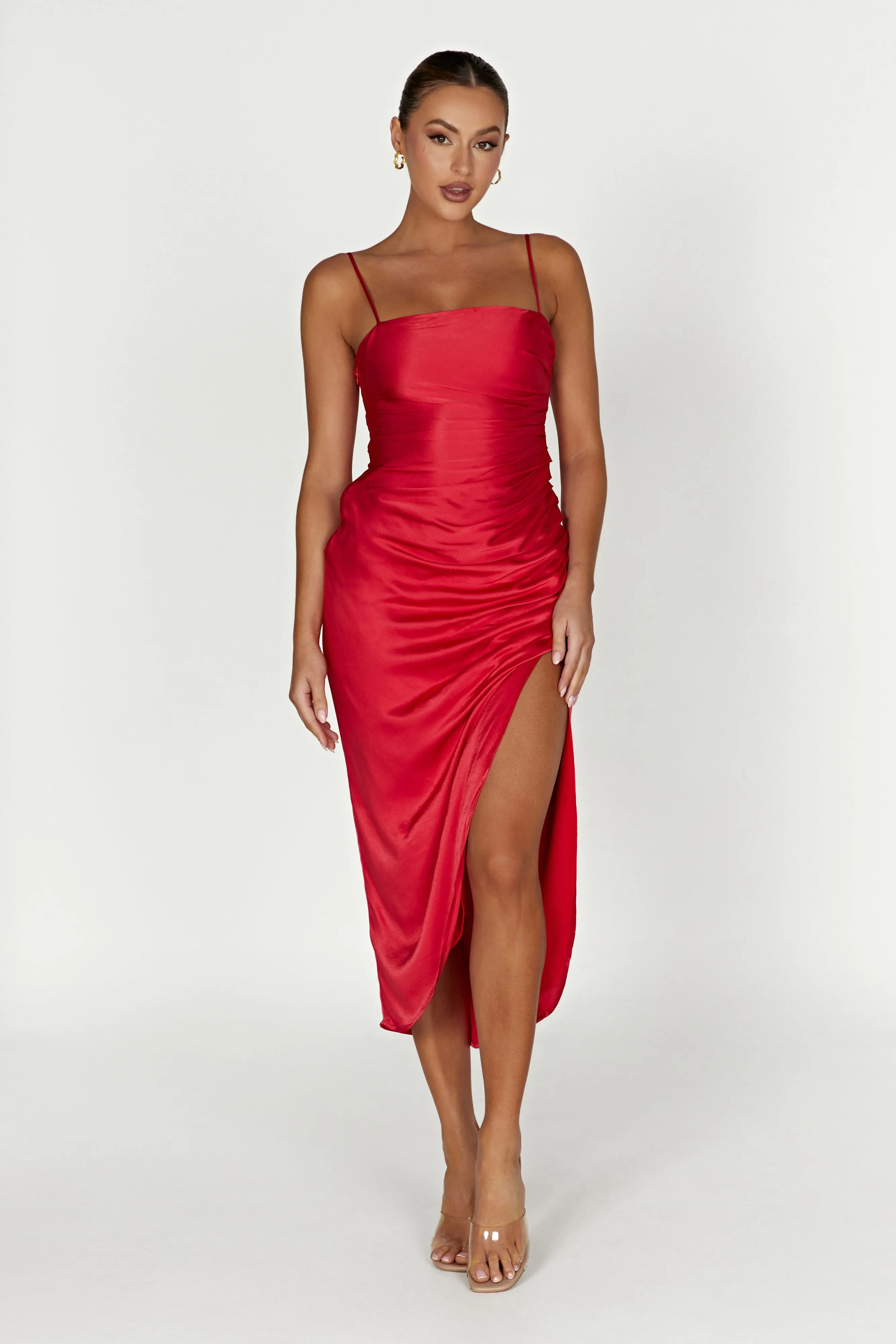 Claudette Satin Drape Midi Dress - Red sold by Meshki product image thumbnail 3