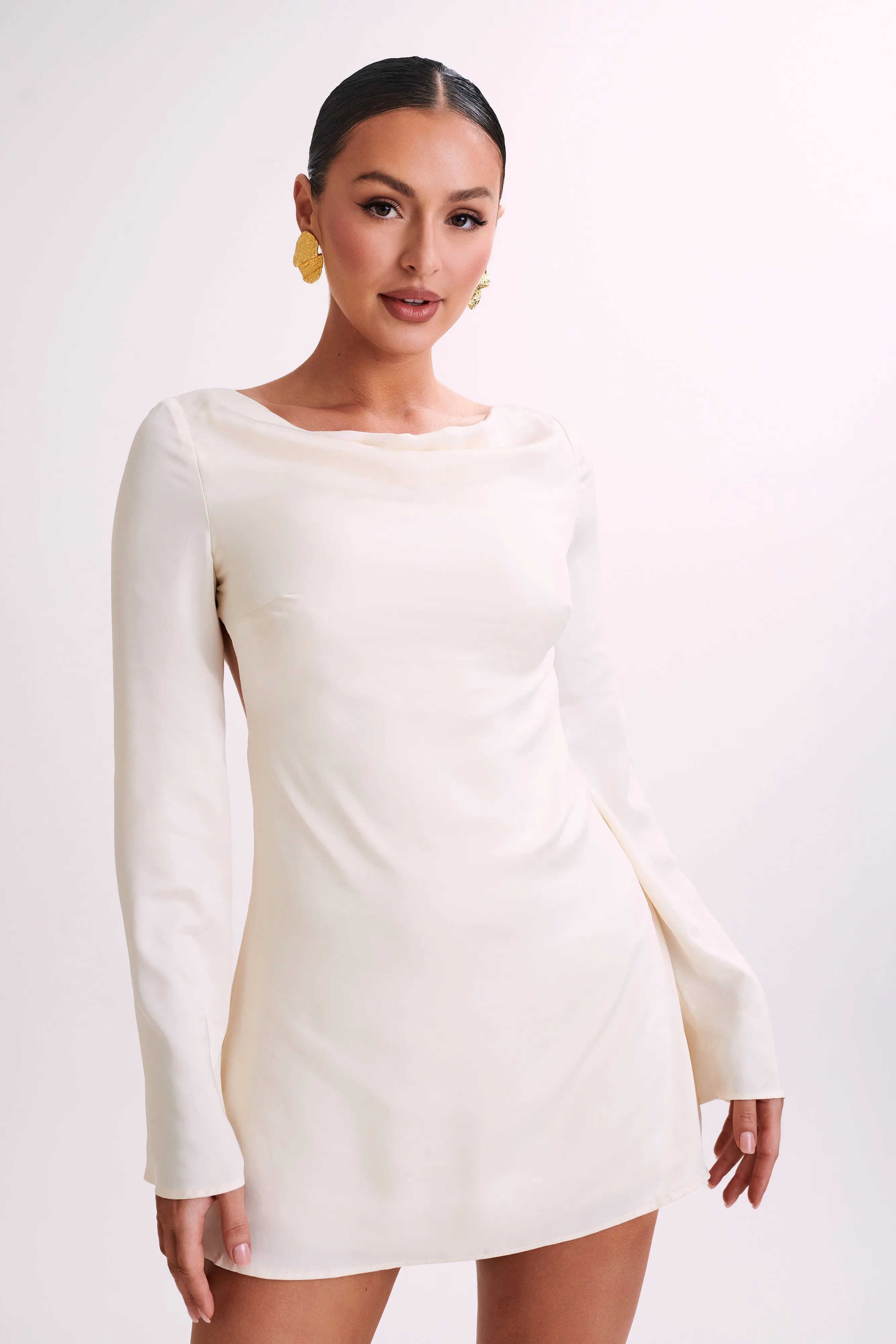 Ariana Satin Mini Dress With Cowl - Ivory sold by Meshki product image thumbnail 2