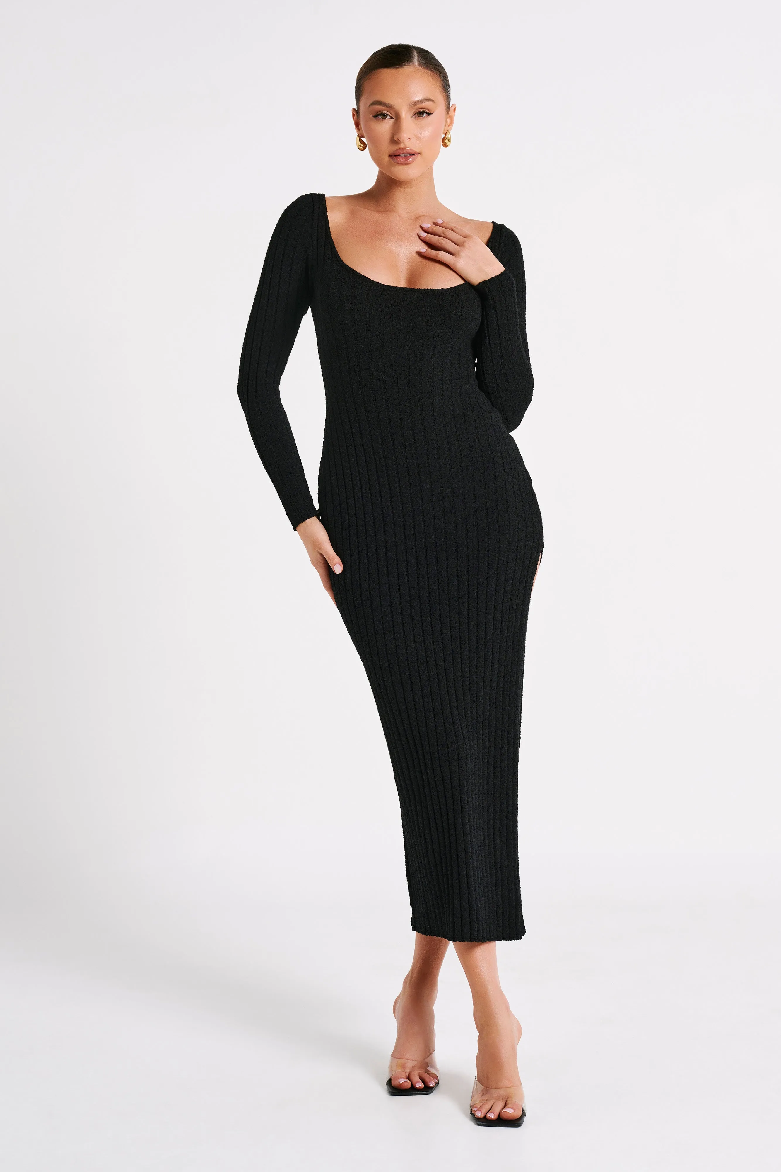 売れ筋がひクリスマスプレゼント！ With Dress Maxi Knit Zinnia Split Parallel | Black - 化粧下地