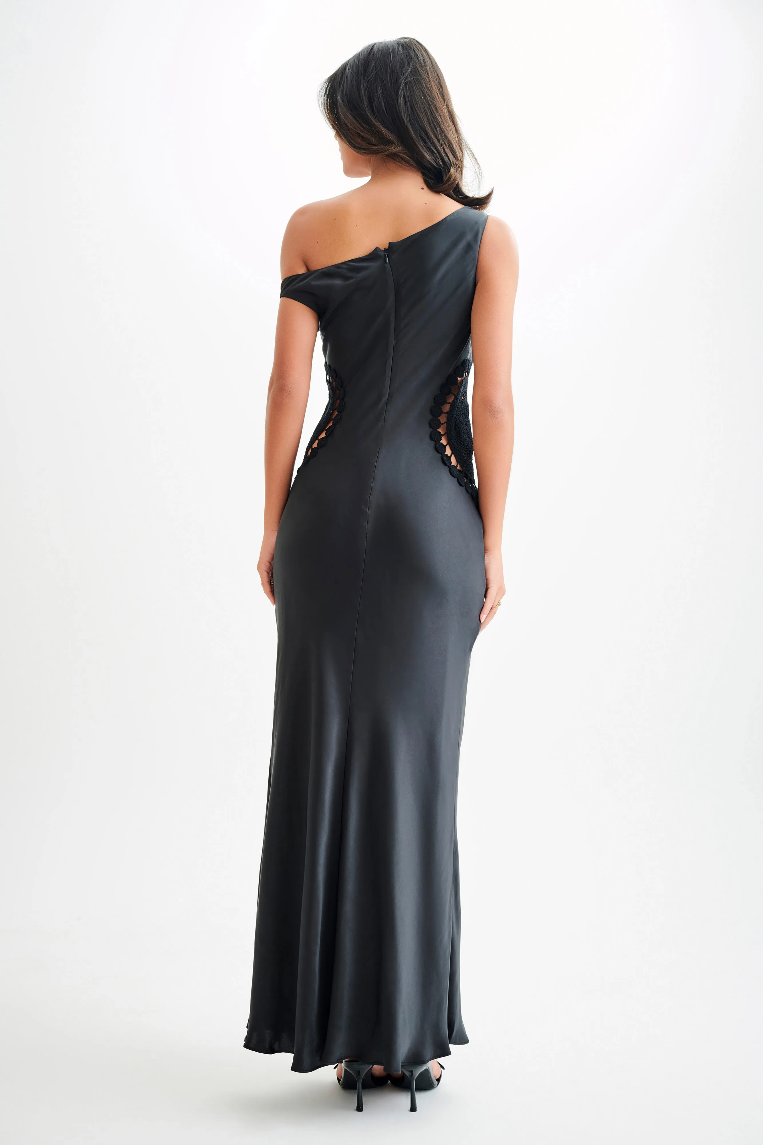 Kristina Satin Maxi Dress With Crochet - Black sold by Meshki product image thumbnail 2