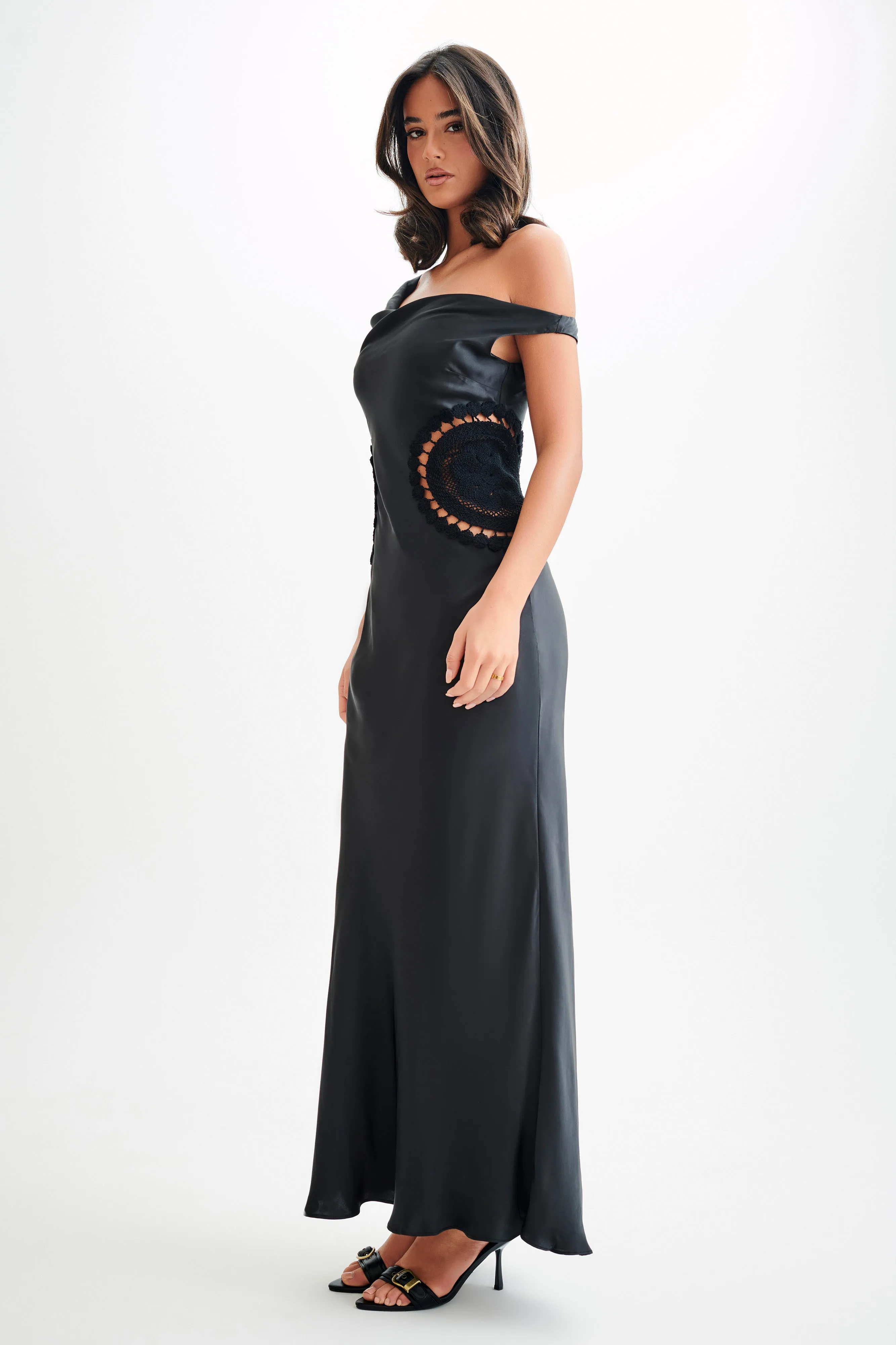 Kristina Satin Maxi Dress With Crochet - Black sold by Meshki product image thumbnail 4