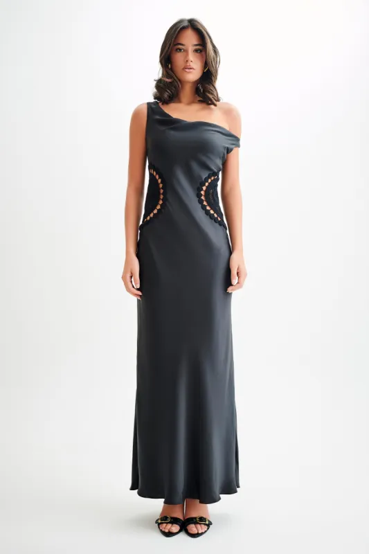 Kristina Satin Maxi Dress With Crochet - Black sold by Meshki