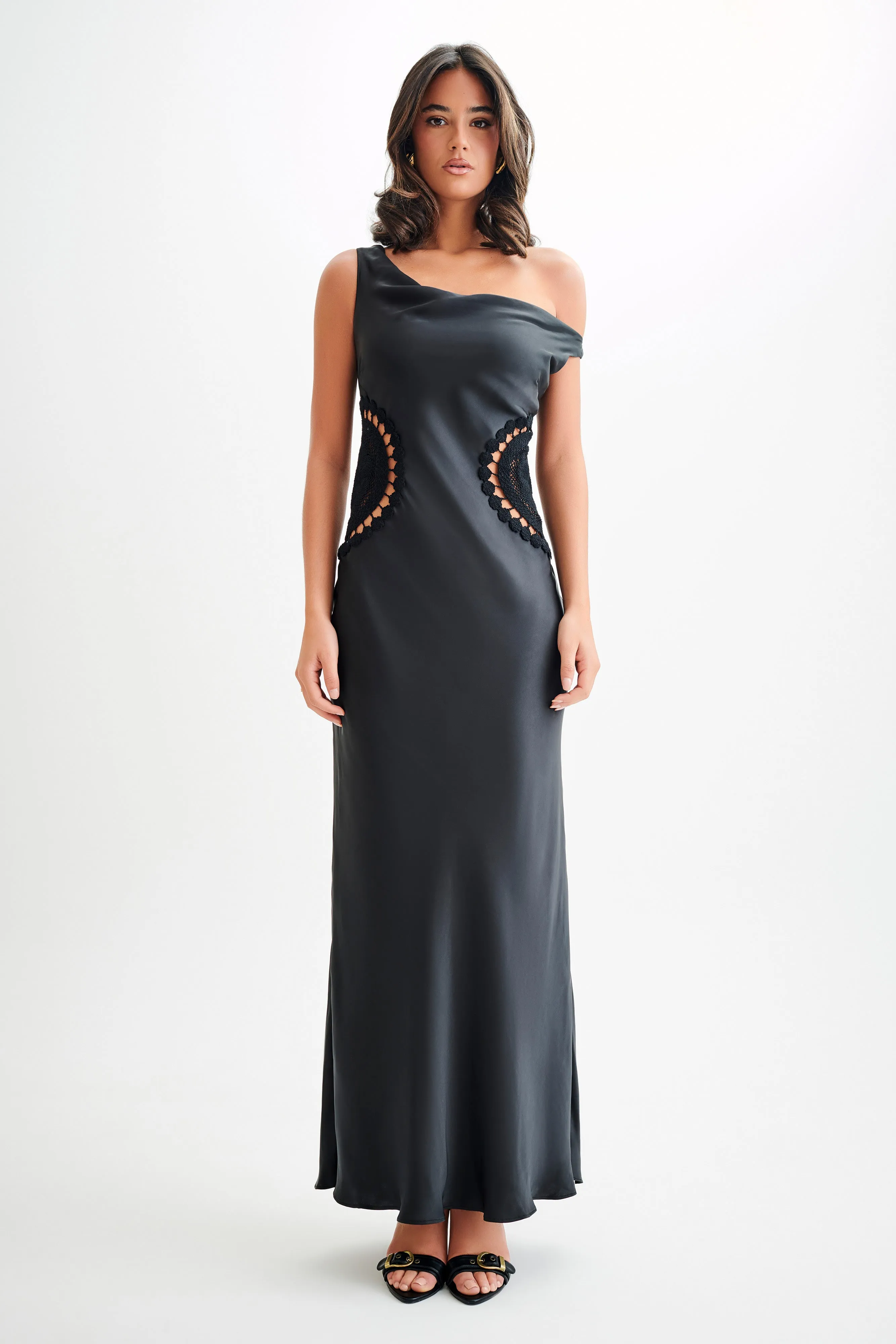 Kristina Satin Maxi Dress With Crochet - Black sold by Meshki