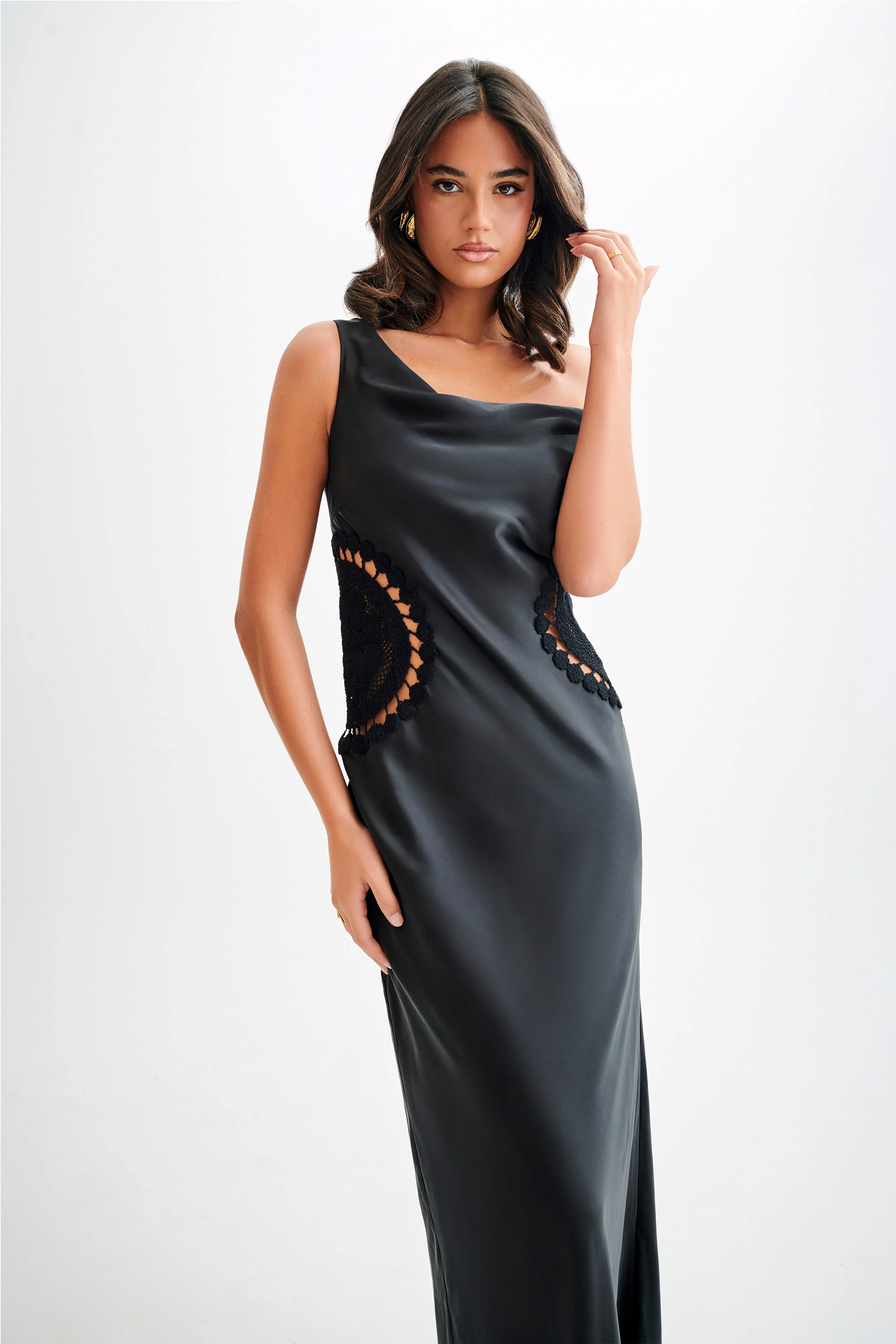 Kristina Satin Maxi Dress With Crochet - Black sold by Meshki product image thumbnail 5