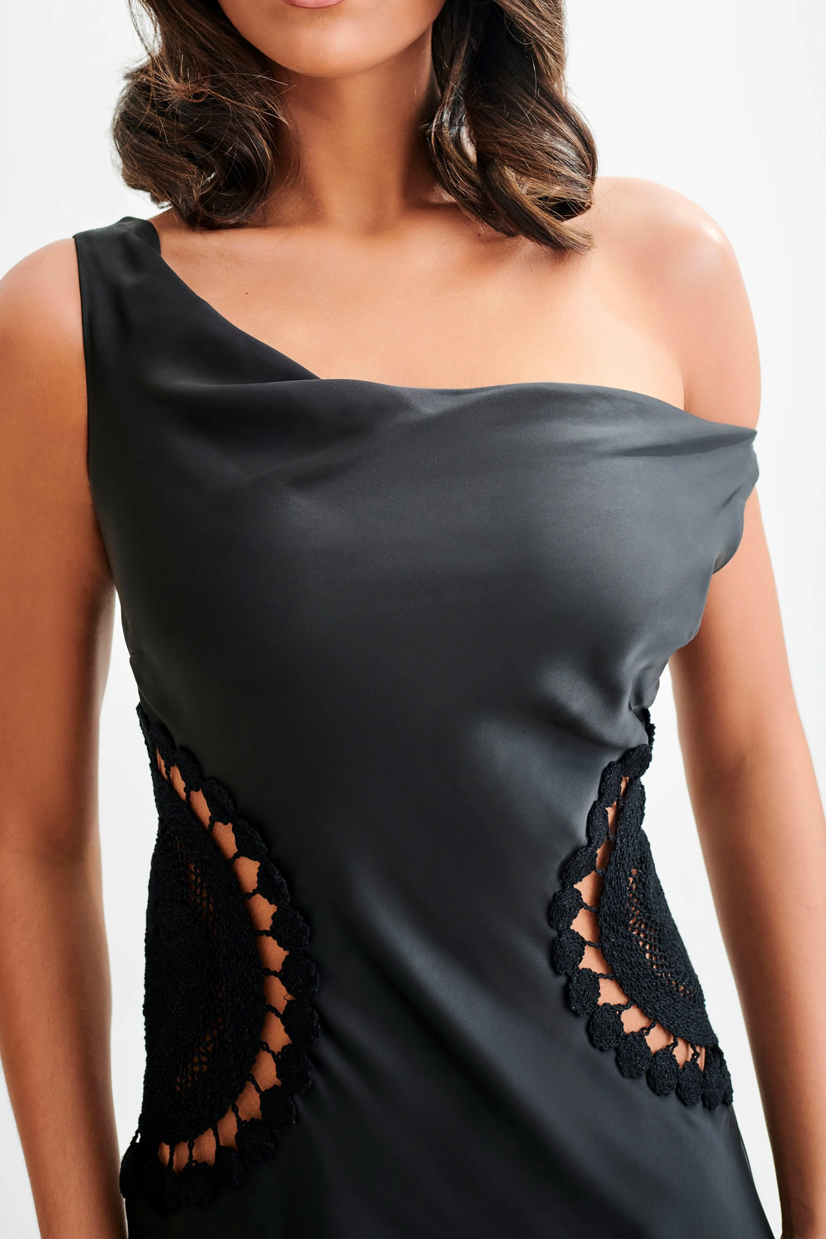 Kristina Satin Maxi Dress With Crochet - Black sold by Meshki product image thumbnail 3