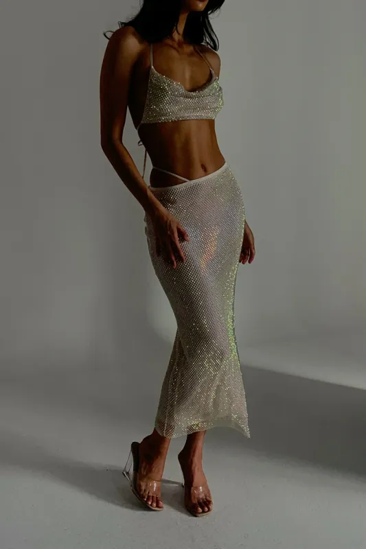 Rayne Mesh Diamante Midi Skirt - Cream sold by Meshki